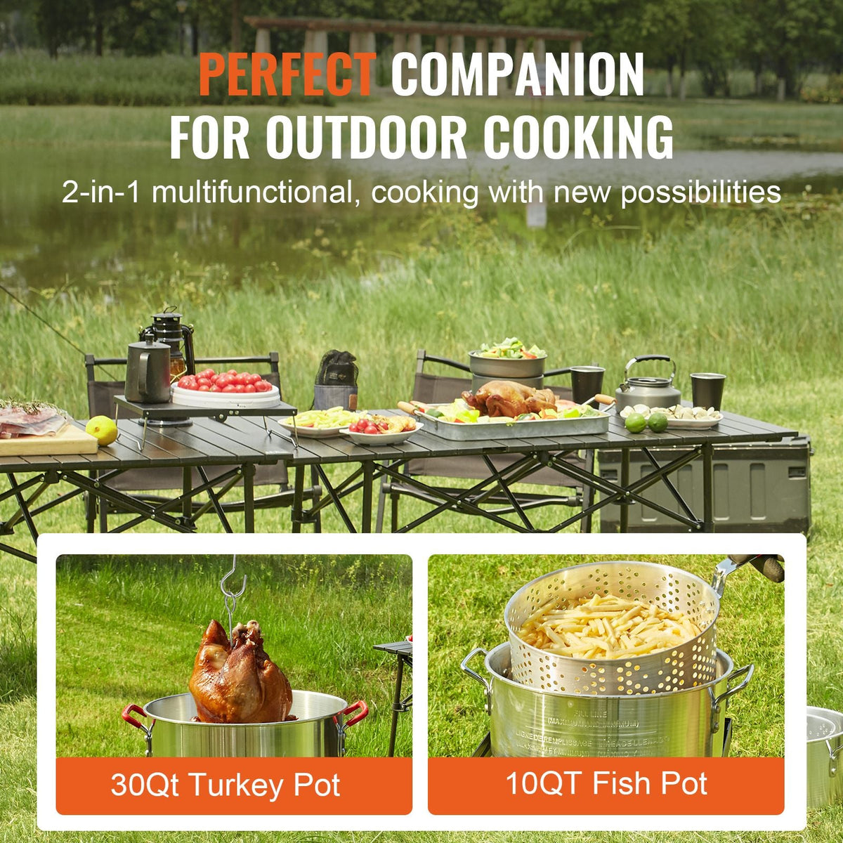 Turkey Deep Fryer, 30-qt Turkey & 10-qt Fish Steamer Cooker Set, Outdoor Aluminum Seafood Frying Pot, 54,000 BTU Burner Propane Gas Boiler, Includes Baskets, Perforated Poultry Rack, Thermometer