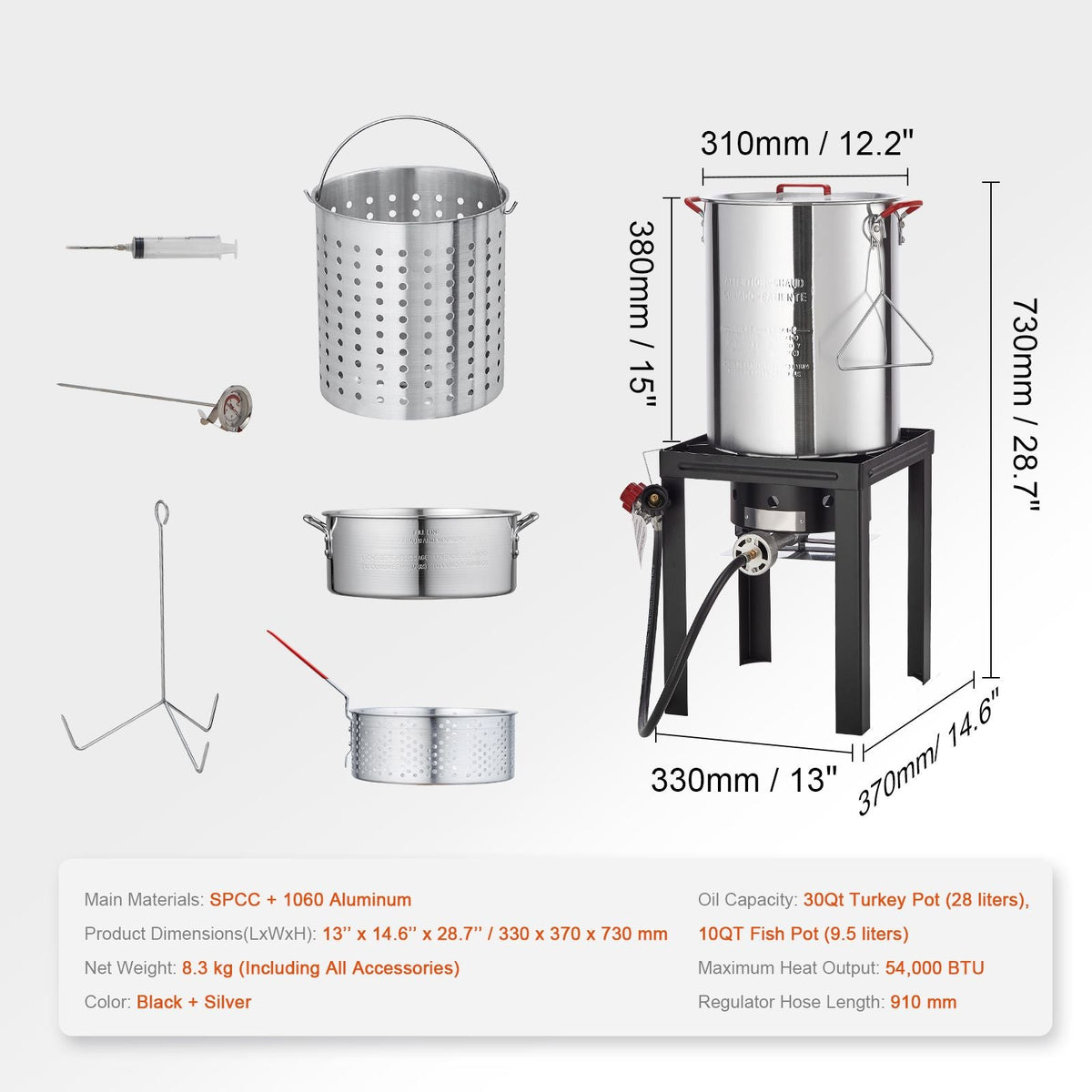 Turkey Deep Fryer, 30-qt Turkey & 10-qt Fish Steamer Cooker Set, Outdoor Aluminum Seafood Frying Pot, 54,000 BTU Burner Propane Gas Boiler, Includes Baskets, Perforated Poultry Rack, Thermometer
