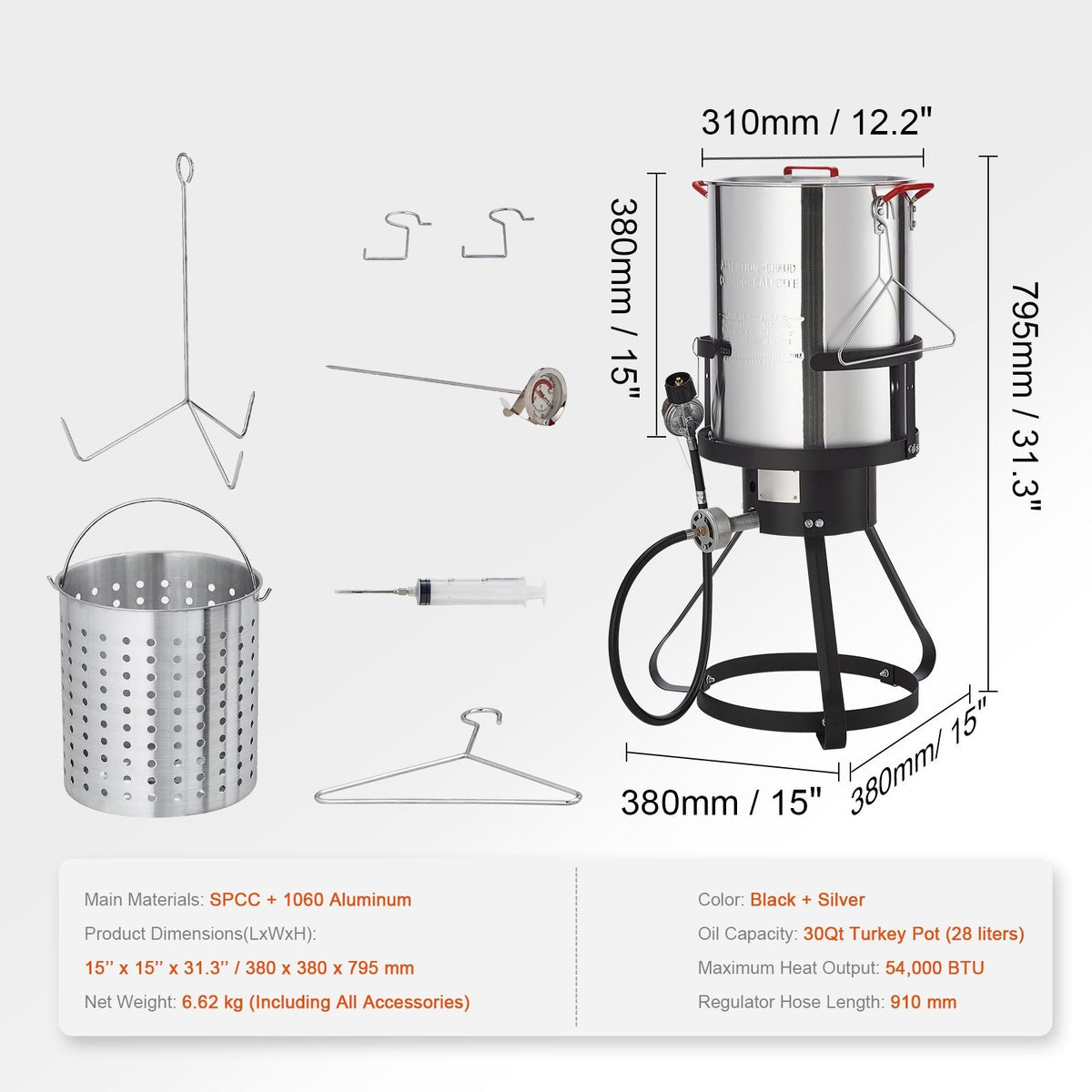Turkey Deep Fryer, 30-qt Turkey Fryer Boiler Steamer Cooker Set, Outdoor Aluminum Seafood Frying Pot, 54,000 BTU Burner Propane Gas Boiler, Includes Basket, Perforated Poultry Rack, Thermometer