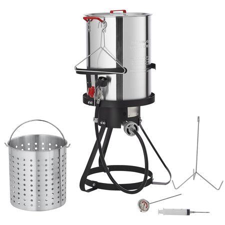 Turkey Deep Fryer, 30-qt Turkey Fryer Boiler Steamer Cooker Set, Outdoor Aluminum Seafood Frying Pot, 54,000 BTU Burner Propane Gas Boiler, Includes Basket, Perforated Poultry Rack, Thermometer