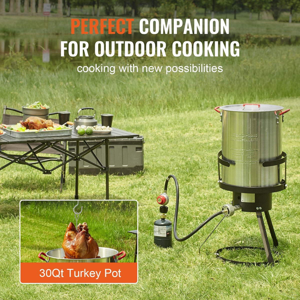 Turkey Deep Fryer, 30-qt Turkey Fryer Boiler Steamer Cooker Set, Outdoor Aluminum Seafood Frying Pot, 54,000 BTU Burner Propane Gas Boiler, Includes Basket, Perforated Poultry Rack, Thermometer