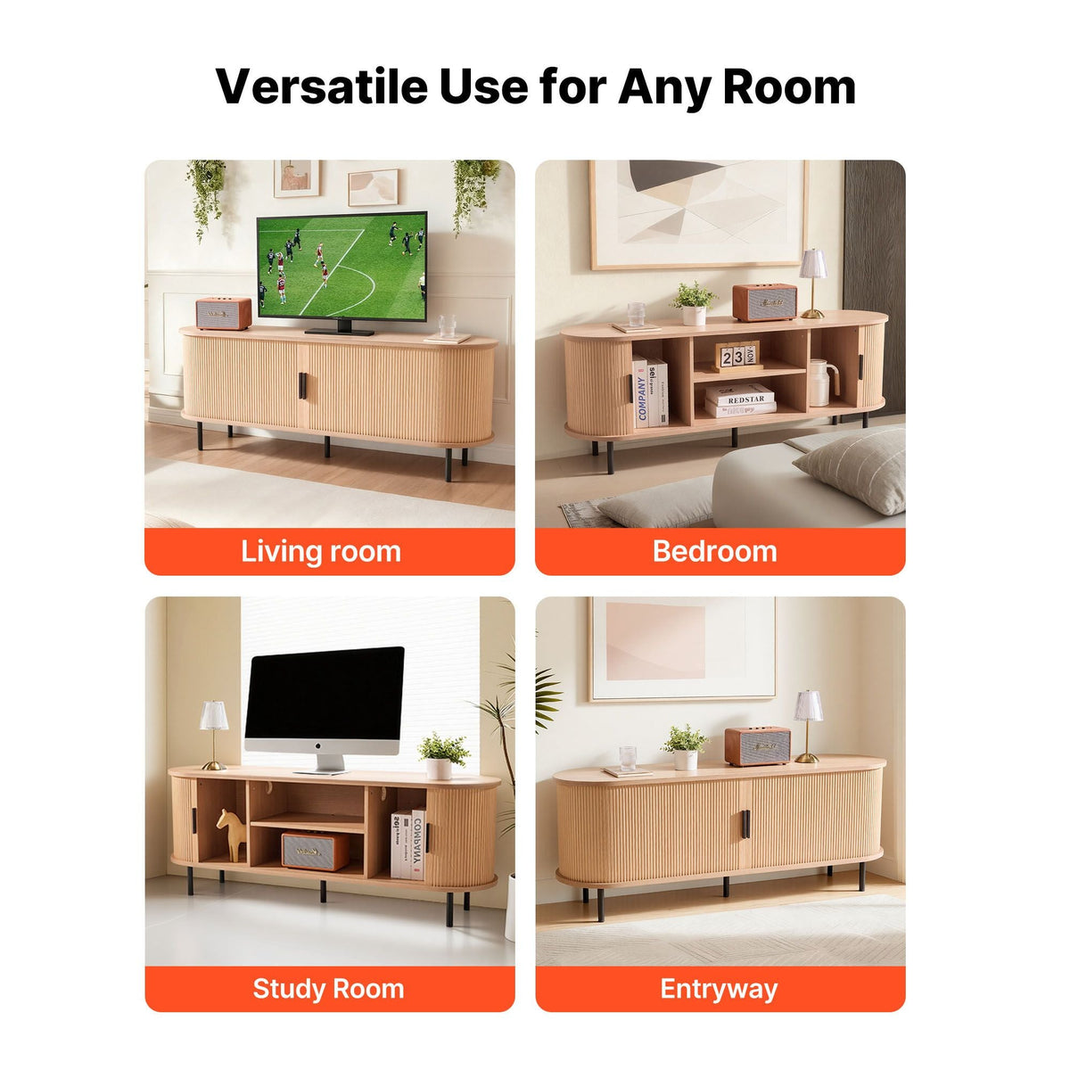 TV Stand, Boho Entertainment Center for TVs up to 58 in, 350 lbs Load, TV Media Console Table with Adjustable Storage Shelves and Rolling Door