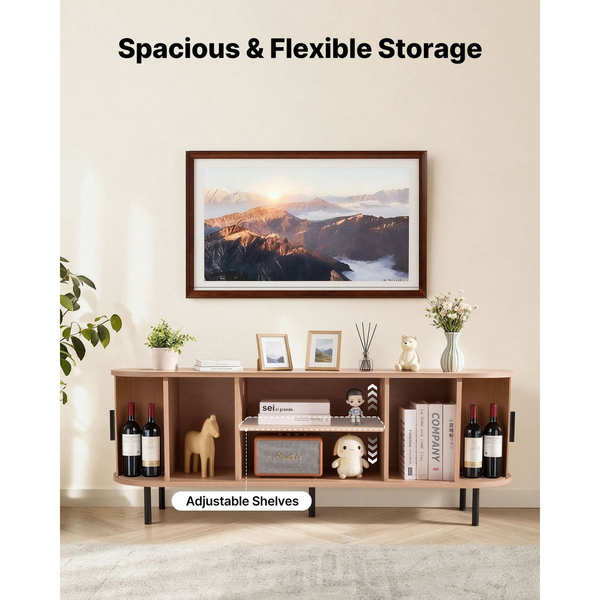 TV Stand, Boho Entertainment Center for TVs up to 58 in, 350 lbs Load, TV Media Console Table with Adjustable Storage Shelves and Rolling Door