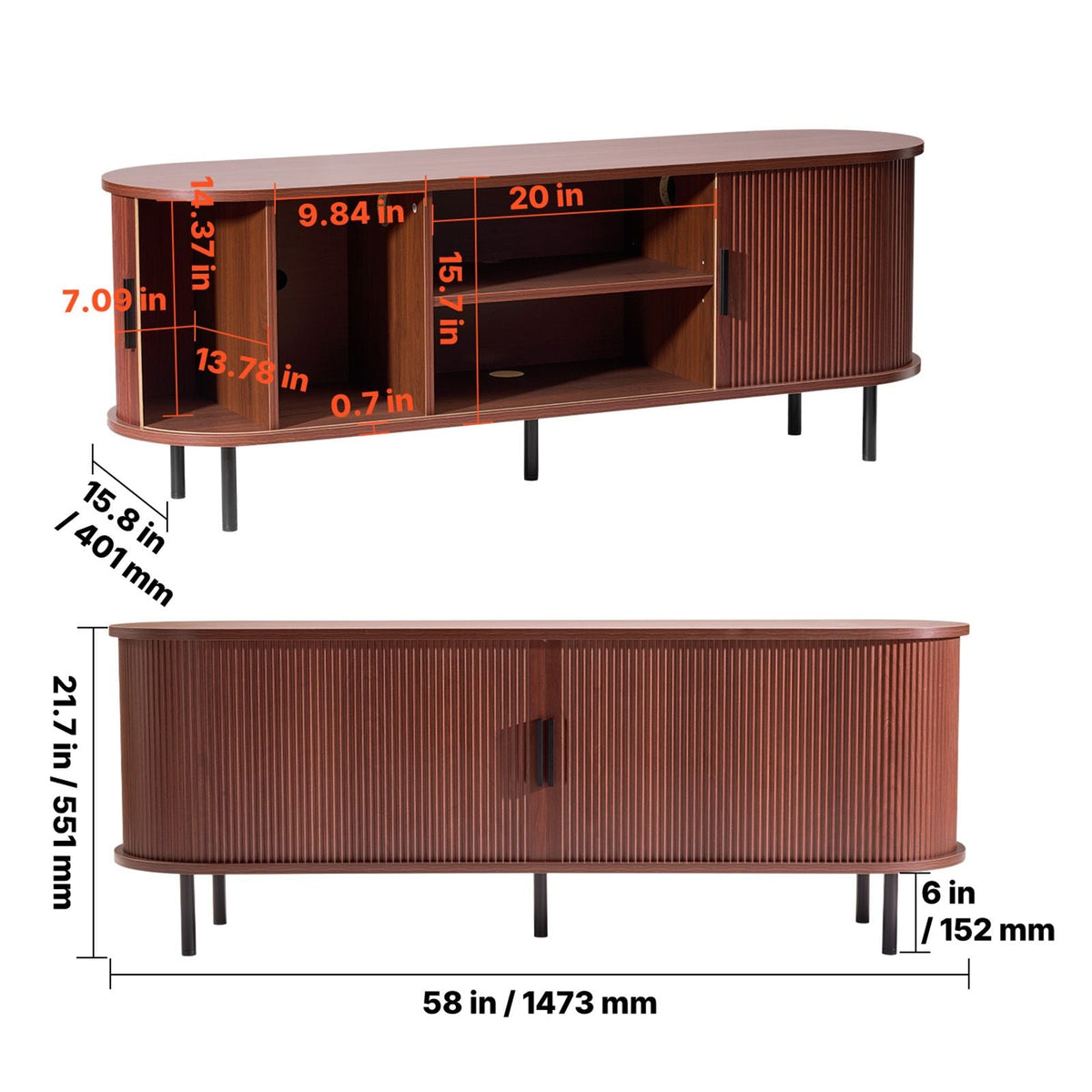 TV Stand, Boho Entertainment Center for TVs up to 58 in, 350 lbs Load, TV Media Console Table with Adjustable Storage Shelves & Rolling Door, Television Stand for Living Room, Bedroom, Brown