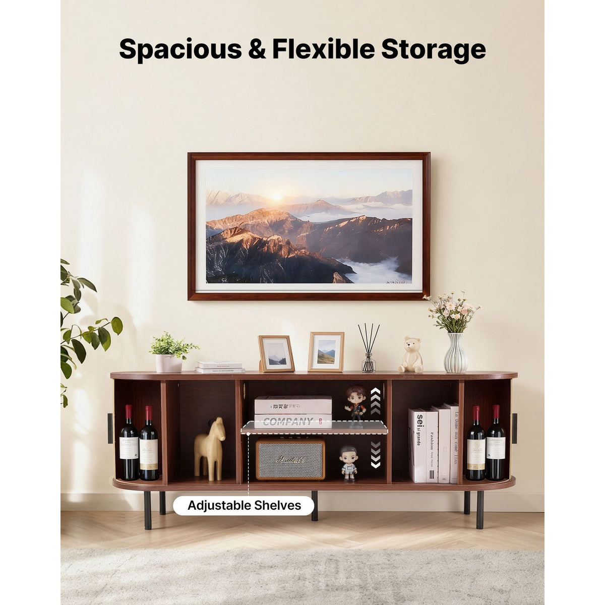 TV Stand, Boho Entertainment Center for TVs up to 58 in, 350 lbs Load, TV Media Console Table with Adjustable Storage Shelves & Rolling Door, Television Stand for Living Room, Bedroom, Brown