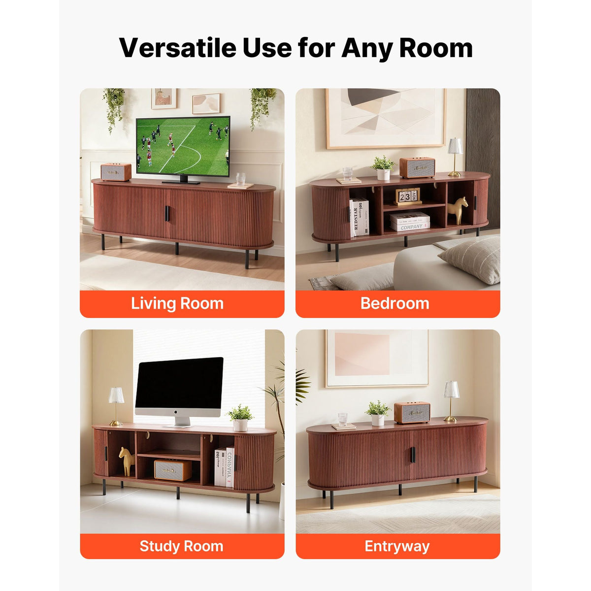 TV Stand, Boho Entertainment Center for TVs up to 58 in, 350 lbs Load, TV Media Console Table with Adjustable Storage Shelves & Rolling Door, Television Stand for Living Room, Bedroom, Brown