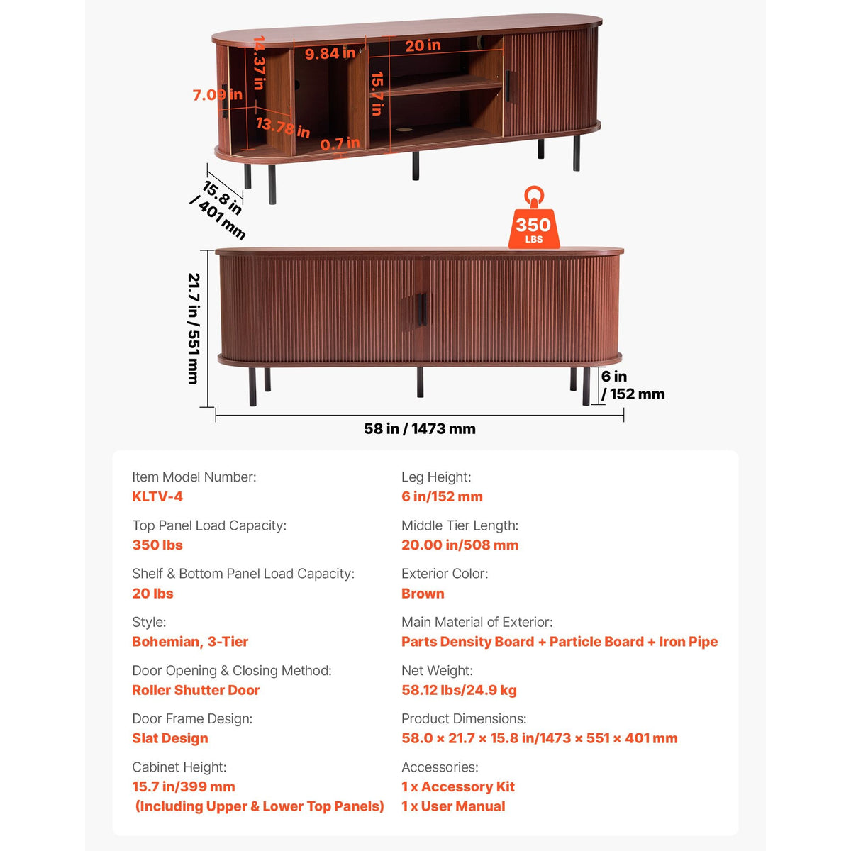 TV Stand, Boho Entertainment Center for TVs up to 58 in, 350 lbs Load, TV Media Console Table with Adjustable Storage Shelves & Rolling Door, Television Stand for Living Room, Bedroom, Brown