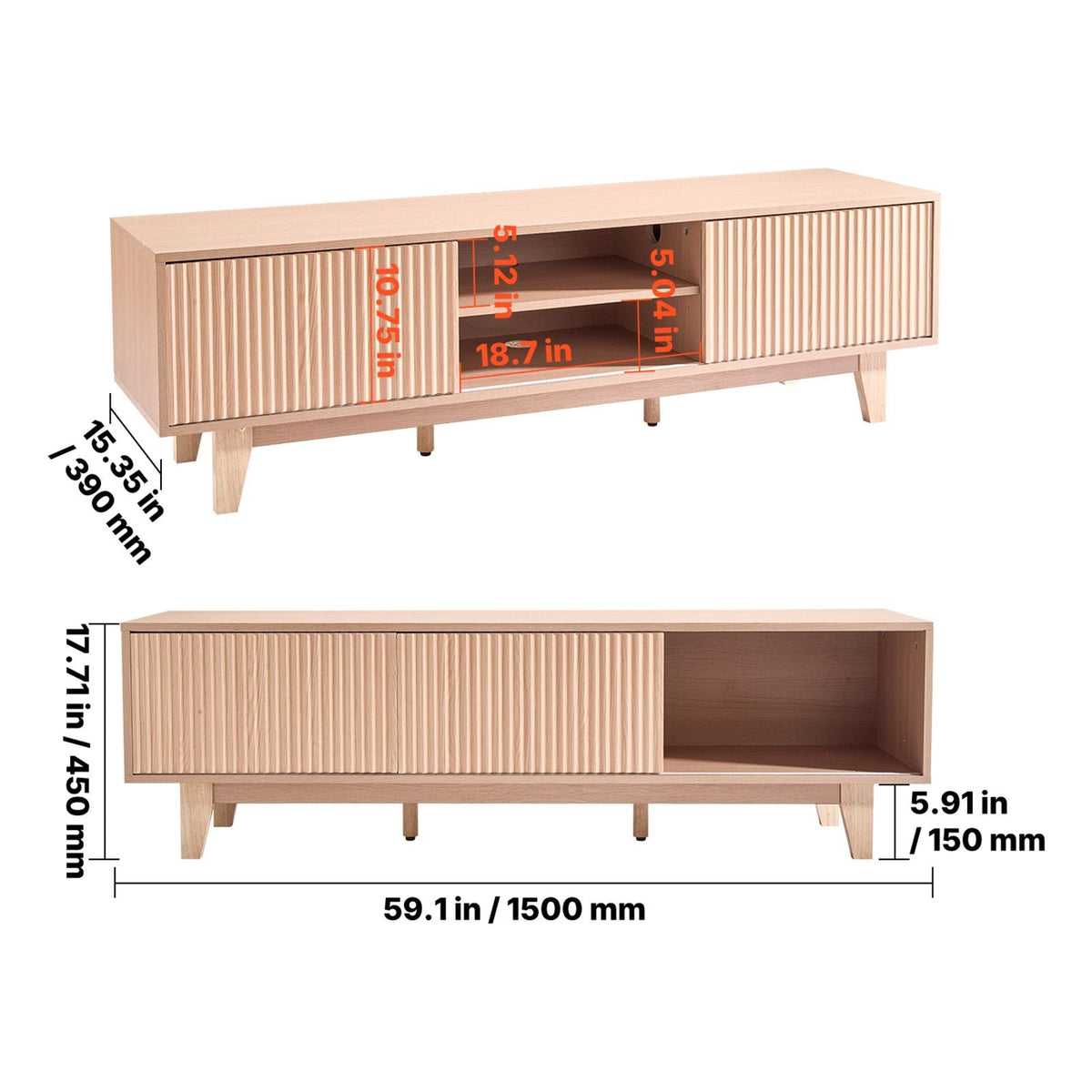 TV Stand, Boho Entertainment Center for TVs up to 59 in, 350 lbs Load Capacity, TV Media Console Table with Adjustable Open Storage Shelves & Sliding Door for Living Room, Bedroom, Burlywood