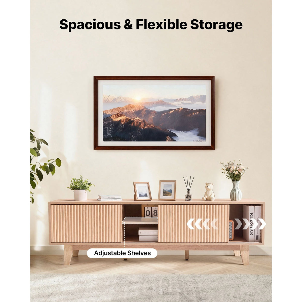 TV Stand, Boho Entertainment Center for TVs up to 59 in, 350 lbs Load Capacity, TV Media Console Table with Adjustable Open Storage Shelves & Sliding Door for Living Room, Bedroom, Burlywood