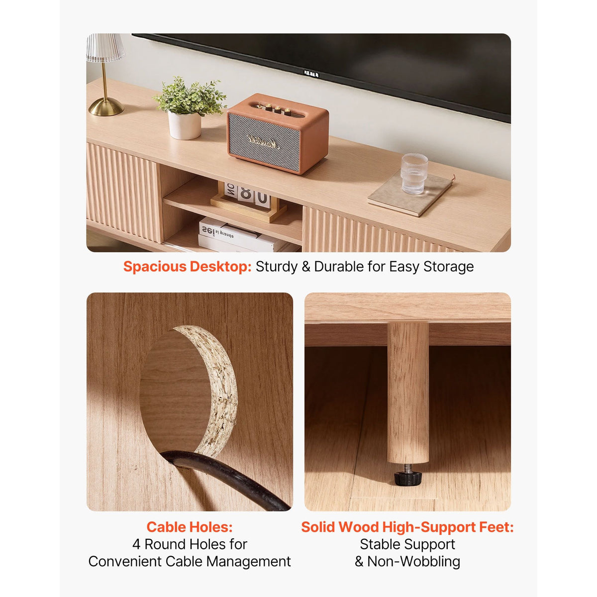 TV Stand, Boho Entertainment Center for TVs up to 59 in, 350 lbs Load Capacity, TV Media Console Table with Adjustable Open Storage Shelves & Sliding Door for Living Room, Bedroom, Burlywood
