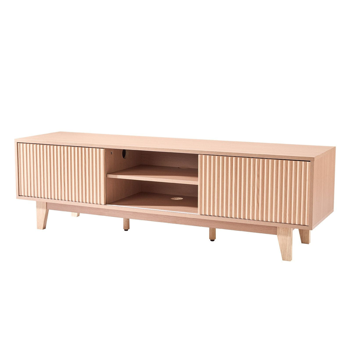 TV Stand, Boho Entertainment Center for TVs up to 59 in, 350 lbs Load Capacity, TV Media Console Table with Adjustable Open Storage Shelves & Sliding Door for Living Room, Bedroom, Burlywood