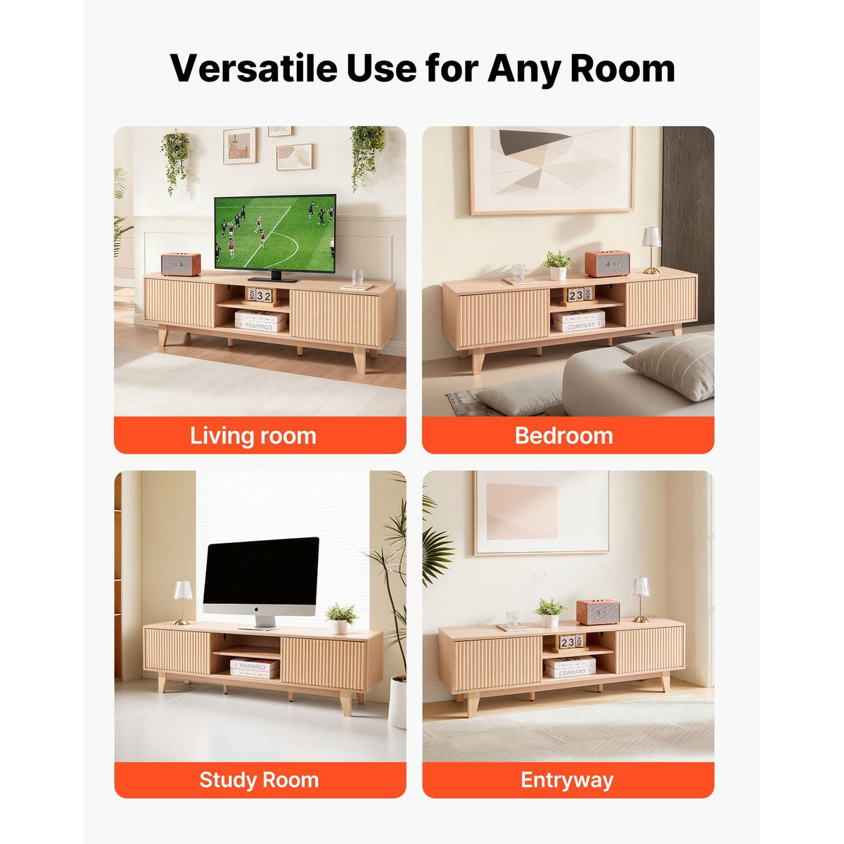 TV Stand, Boho Entertainment Center for TVs up to 59 in, 350 lbs Load Capacity, TV Media Console Table with Adjustable Open Storage Shelves & Sliding Door for Living Room, Bedroom, Burlywood