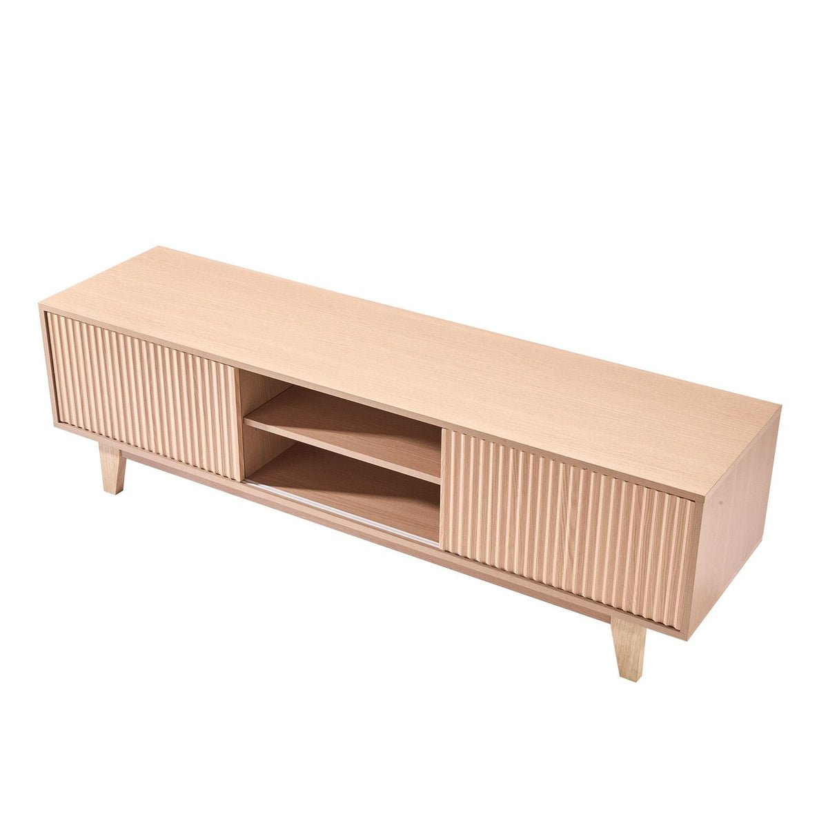 TV Stand, Boho Entertainment Center for TVs up to 59 in, 350 lbs Load Capacity, TV Media Console Table with Adjustable Open Storage Shelves & Sliding Door for Living Room, Bedroom, Burlywood