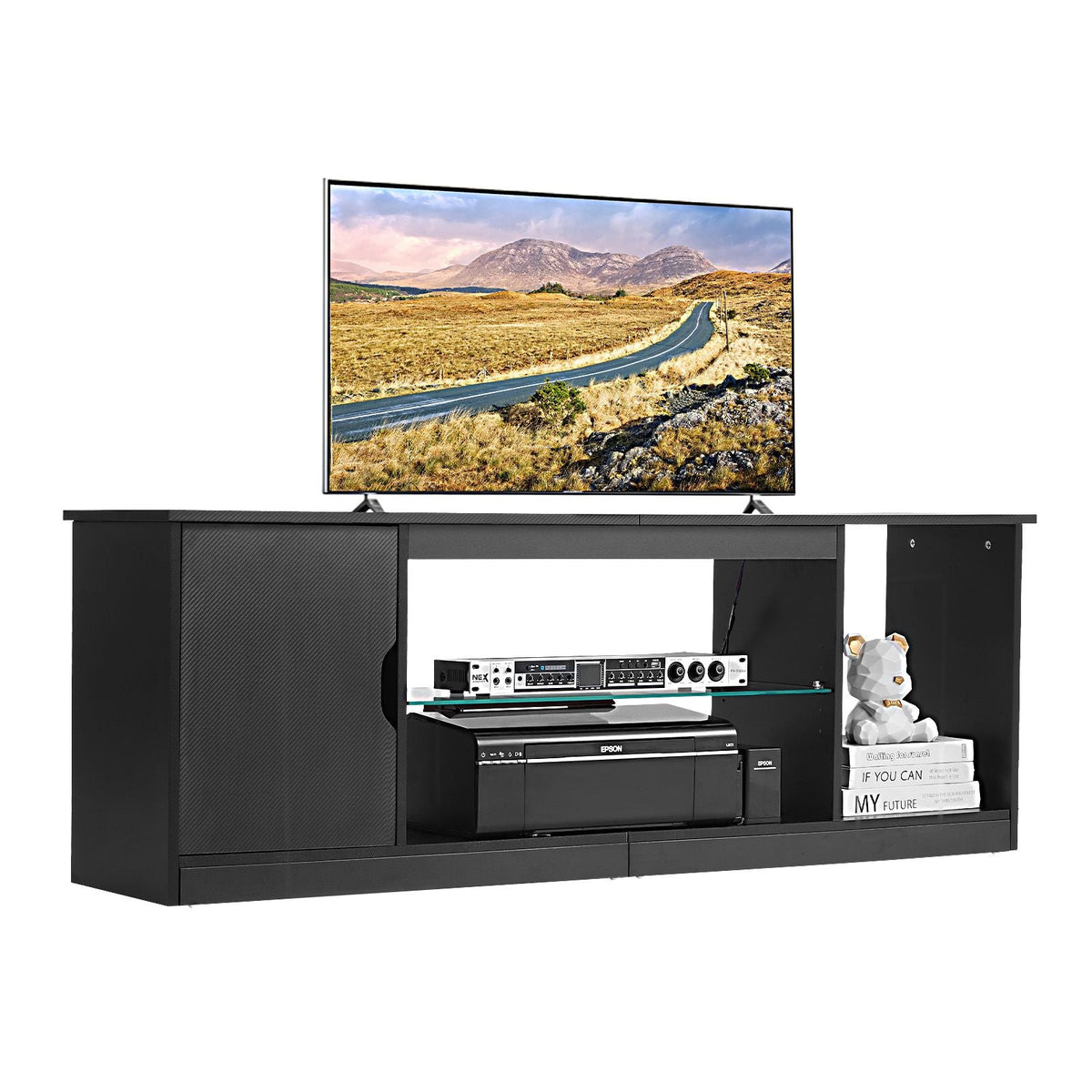 TV Stand for TVs up to 65 inch, Modern Entertainment Center with Light Strip, Wooden TV Cabinet Storage with Glass Shelf and Adjustable Shelves, Console Table for Living Room and Bedroom, Black