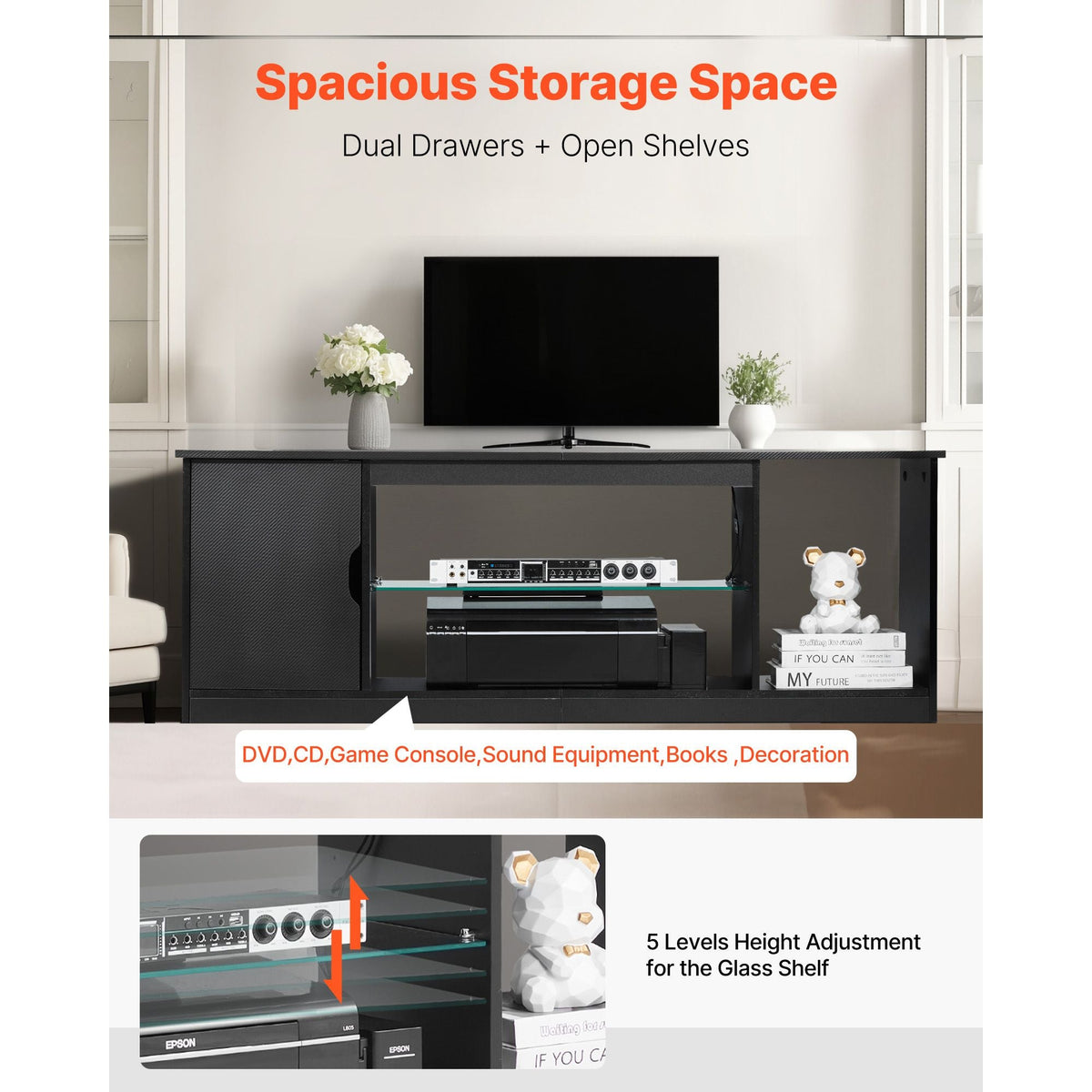 TV Stand for TVs up to 65 inch, Modern Entertainment Center with Light Strip, Wooden TV Cabinet Storage with Glass Shelf and Adjustable Shelves, Console Table for Living Room and Bedroom, Black