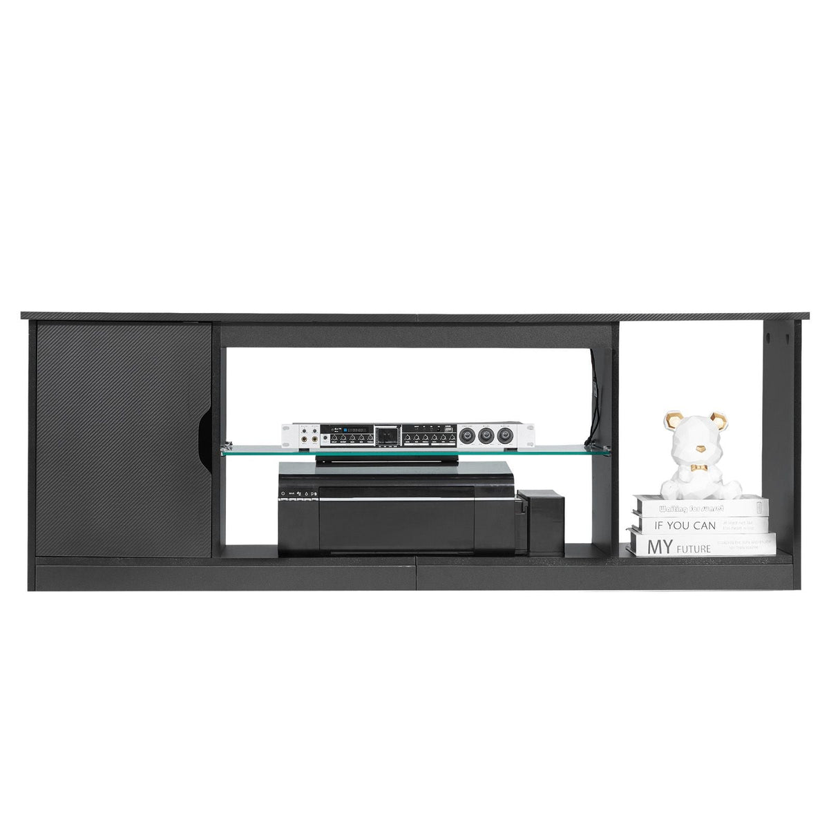 TV Stand for TVs up to 65 inch, Modern Entertainment Center with Light Strip, Wooden TV Cabinet Storage with Glass Shelf and Adjustable Shelves, Console Table for Living Room and Bedroom, Black