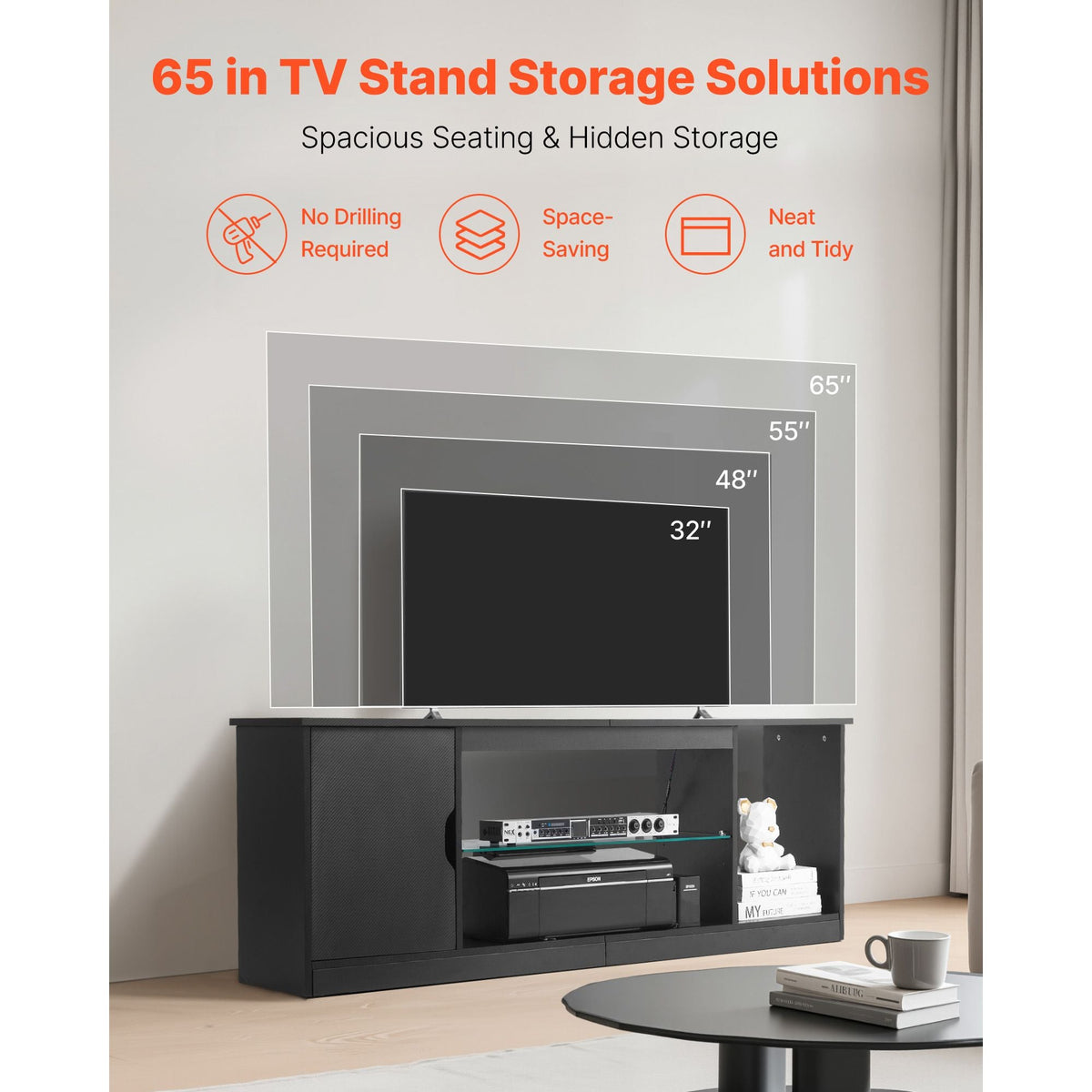 TV Stand for TVs up to 65 inch, Modern Entertainment Center with Light Strip, Wooden TV Cabinet Storage with Glass Shelf and Adjustable Shelves, Console Table for Living Room and Bedroom, Black