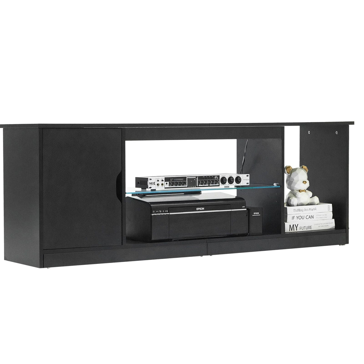 TV Stand for TVs up to 65 inch, Modern Entertainment Center with Light Strip, Wooden TV Cabinet Storage with Glass Shelf and Adjustable Shelves, Console Table for Living Room and Bedroom, Black