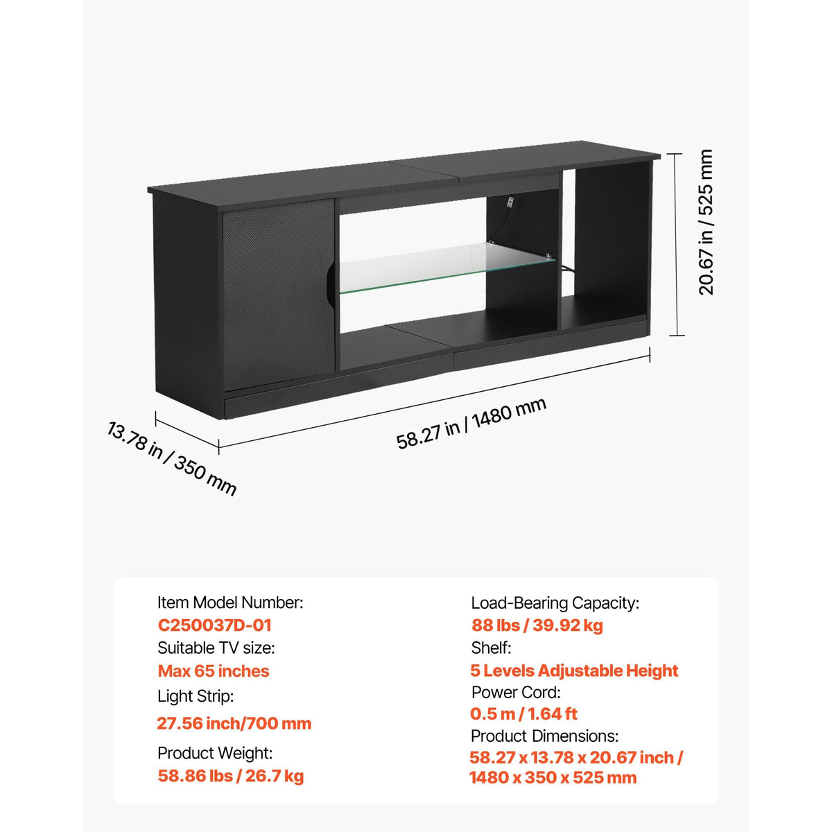TV Stand for TVs up to 65 inch, Modern Entertainment Center with Light Strip, Wooden TV Cabinet Storage with Glass Shelf and Adjustable Shelves, Console Table for Living Room and Bedroom, Black