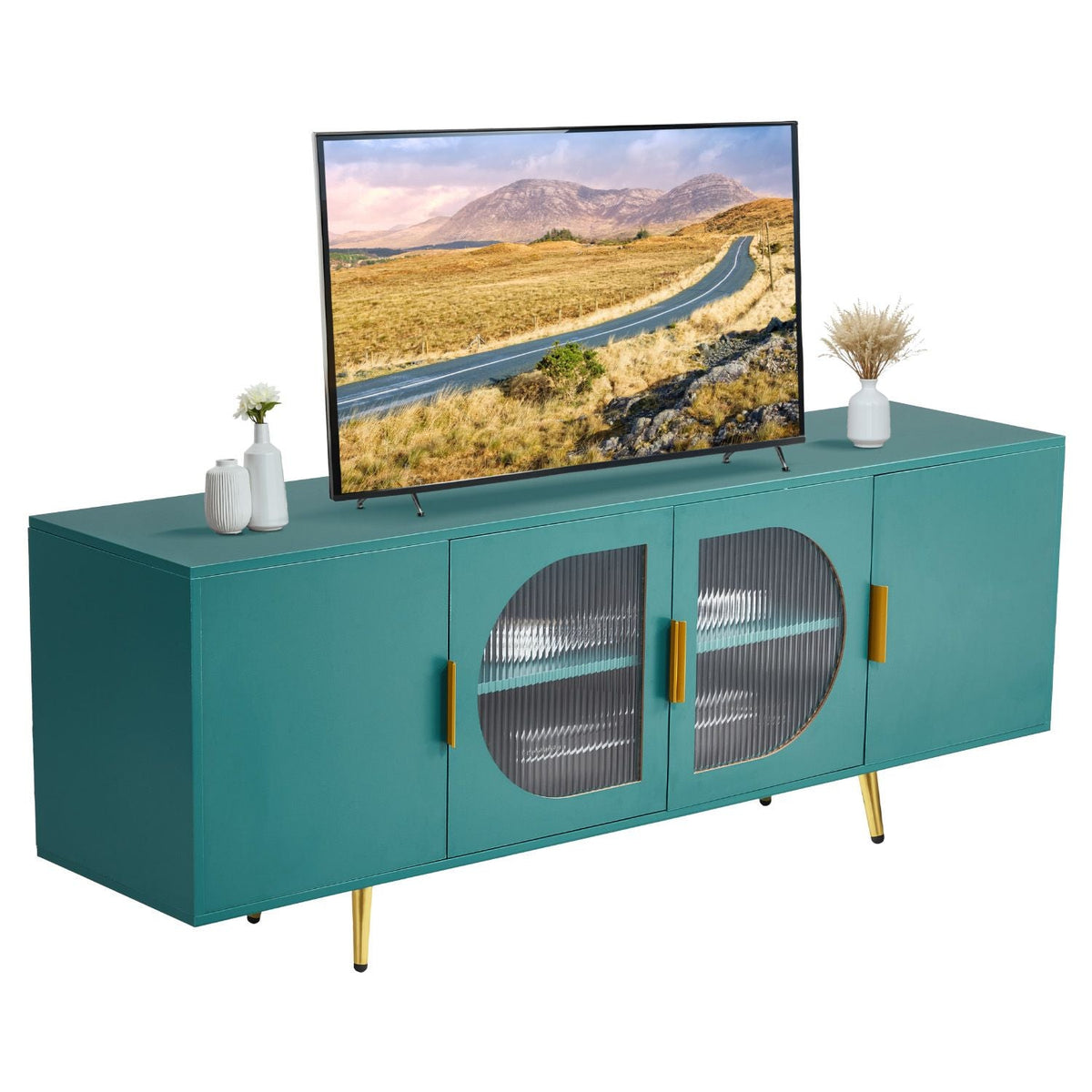 TV Stand for TVs up to 75 inch, Modern Entertainment Center with Glass Doors and Gold Legs, TV Cabinet Storage with Adjustable Shelves, Media Console Table for Living Room and Bedroom, Green