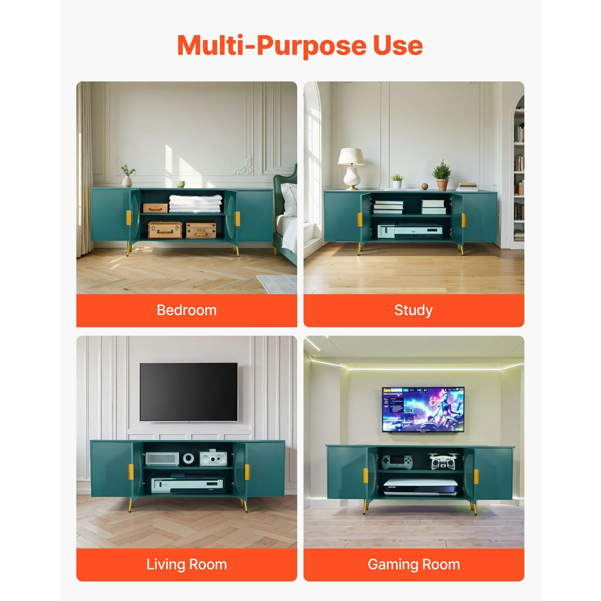 TV Stand for TVs up to 75 inch, Modern Entertainment Center with Glass Doors and Gold Legs, TV Cabinet Storage with Adjustable Shelves, Media Console Table for Living Room and Bedroom, Green