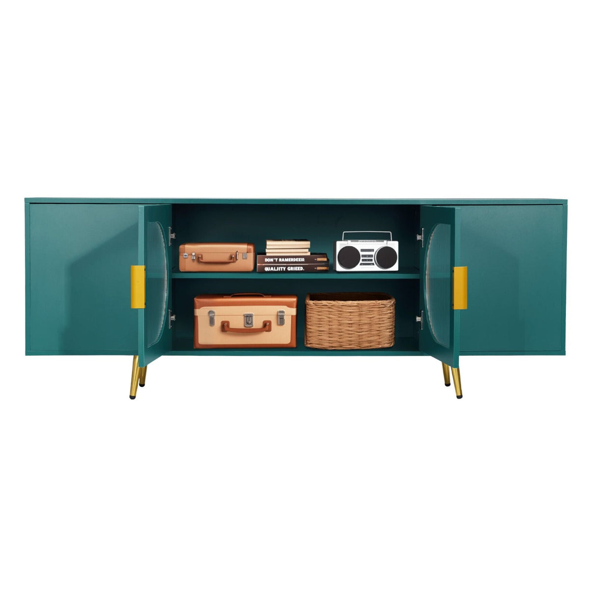 TV Stand for TVs up to 75 inch, Modern Entertainment Center with Glass Doors and Gold Legs, TV Cabinet Storage with Adjustable Shelves, Media Console Table for Living Room and Bedroom, Green