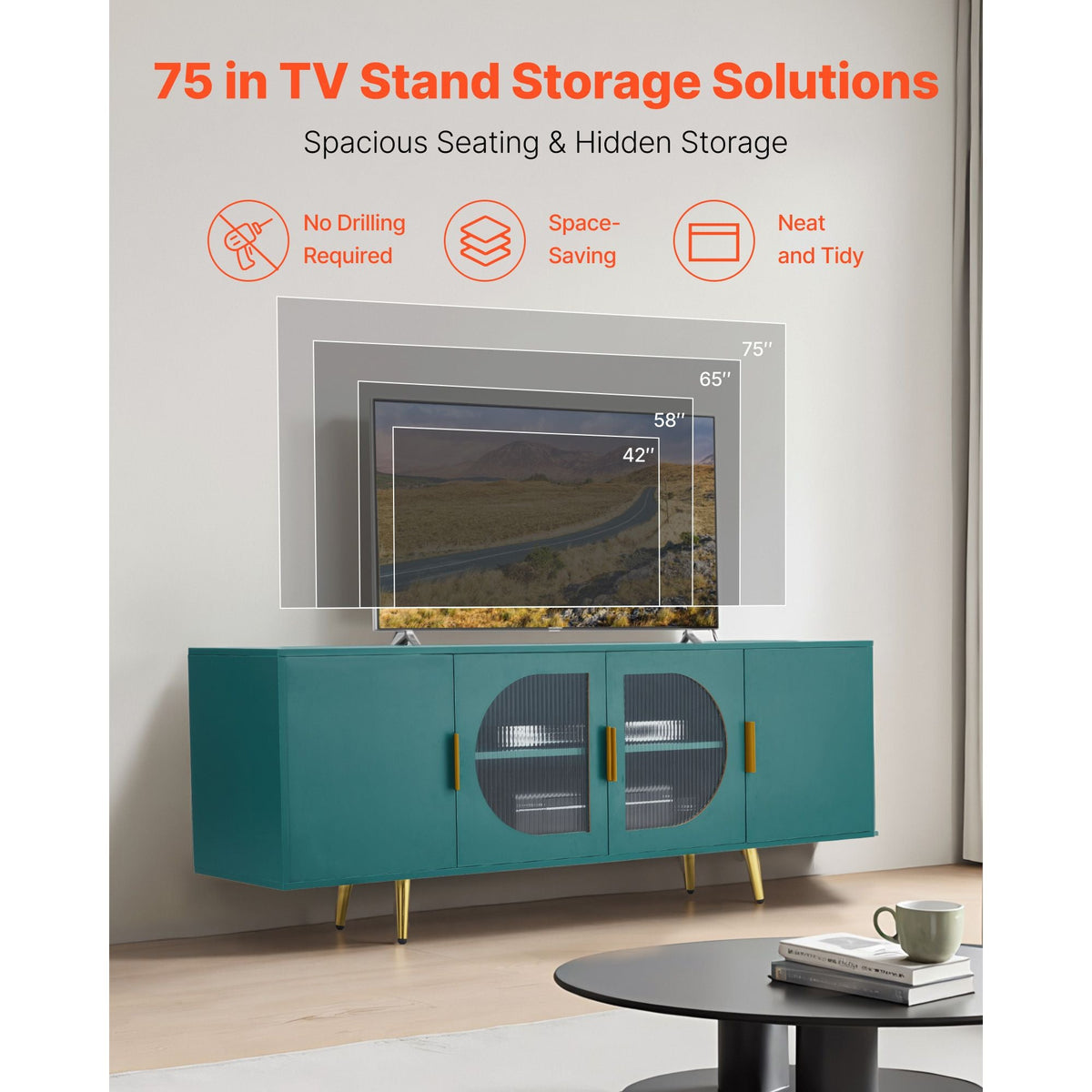 TV Stand for TVs up to 75 inch, Modern Entertainment Center with Glass Doors and Gold Legs, TV Cabinet Storage with Adjustable Shelves, Media Console Table for Living Room and Bedroom, Green