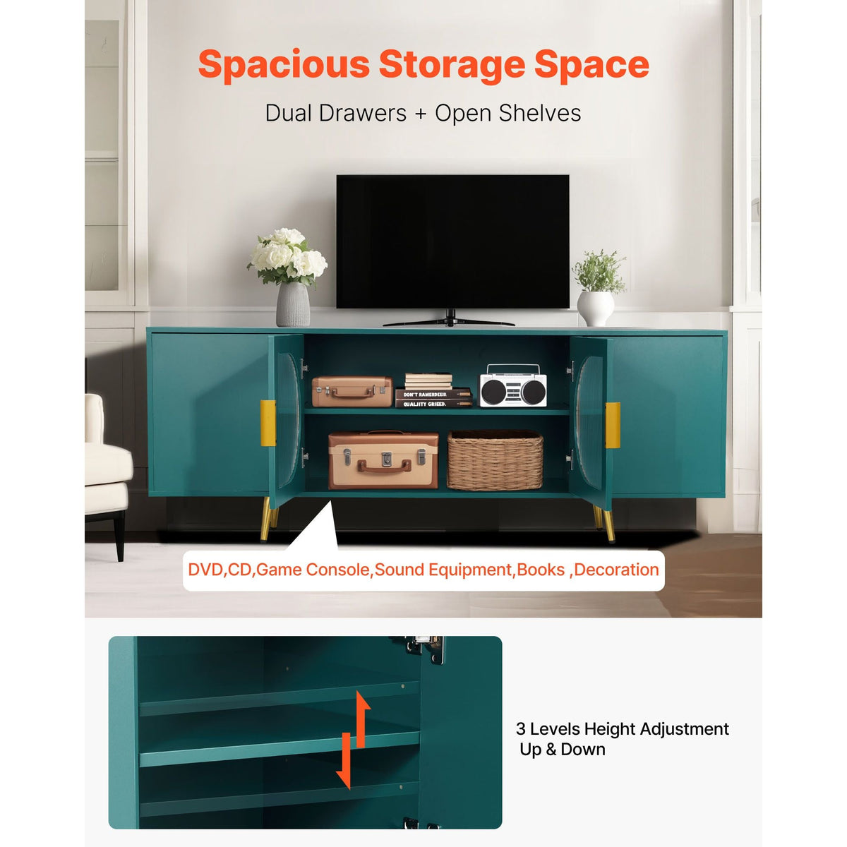 TV Stand for TVs up to 75 inch, Modern Entertainment Center with Glass Doors and Gold Legs, TV Cabinet Storage with Adjustable Shelves, Media Console Table for Living Room and Bedroom, Green
