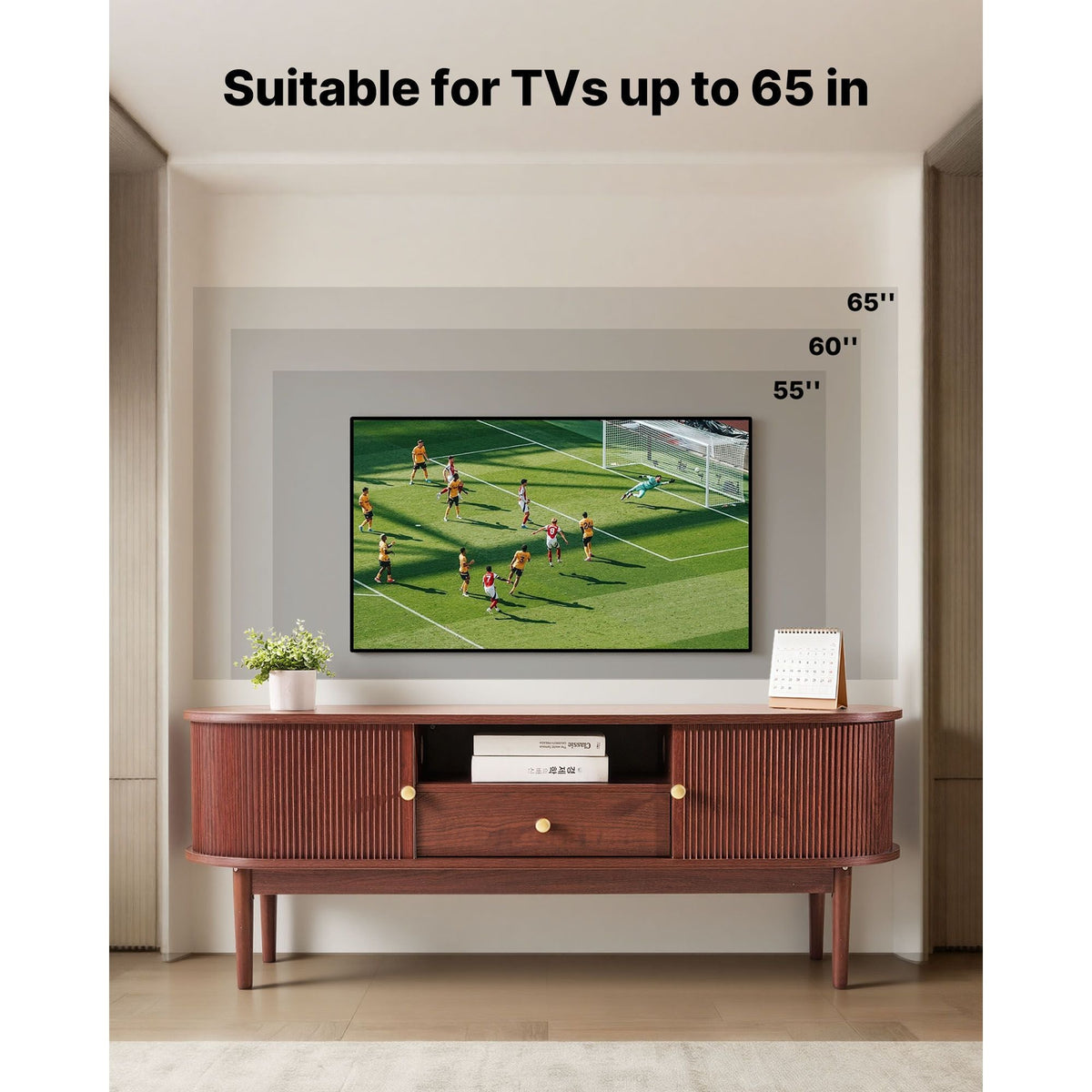TV Stand, Mid Century Modern Entertainment Center for TVs up to 58 in, 350 lbs Load Capacity, TV Media Console Table with Drawer, Open Storage Shelves & Rolling Door for Living Room, Bedroom