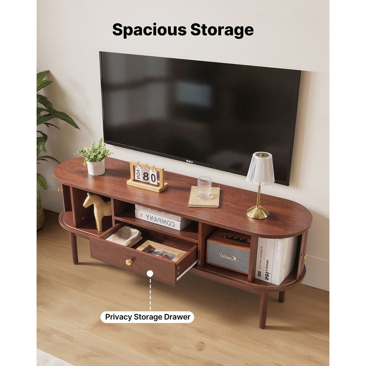 TV Stand, Mid Century Modern Entertainment Center for TVs up to 58 in, 350 lbs Load Capacity, TV Media Console Table with Drawer, Open Storage Shelves & Rolling Door for Living Room, Bedroom