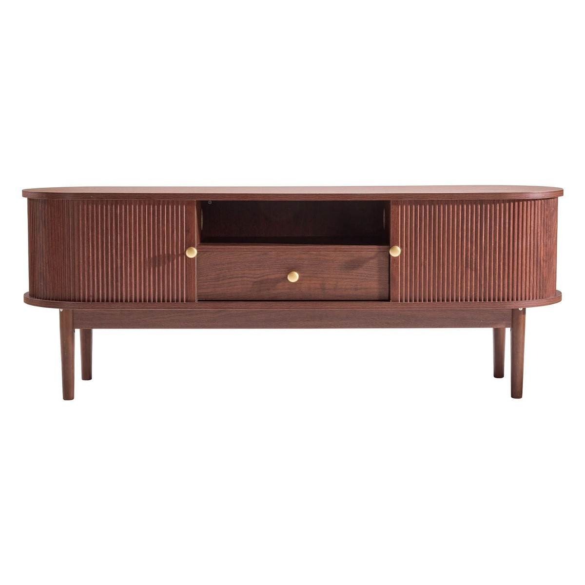 TV Stand, Mid Century Modern Entertainment Center for TVs up to 58 in, 350 lbs Load Capacity, TV Media Console Table with Drawer, Open Storage Shelves & Rolling Door for Living Room, Bedroom