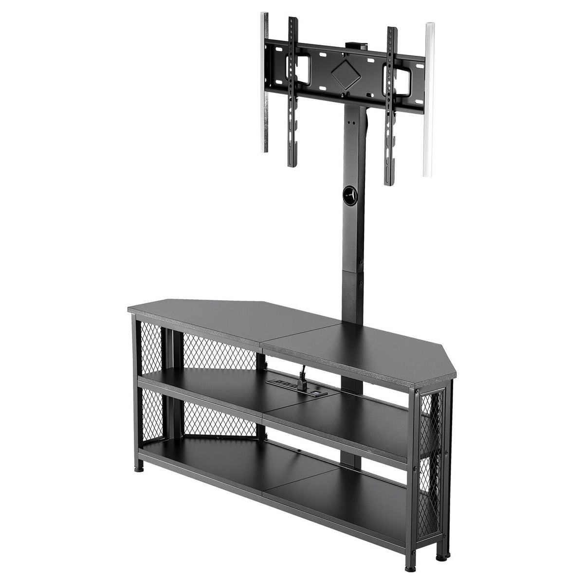 TV Stand with Mount, 45.3 Inch, Corner TV Stand Console with Power Outlet, for 32-75 Inch TVs, Height Adjustable Swivel Entertainment Center with Storage & LED Lights, for Living Room, Black