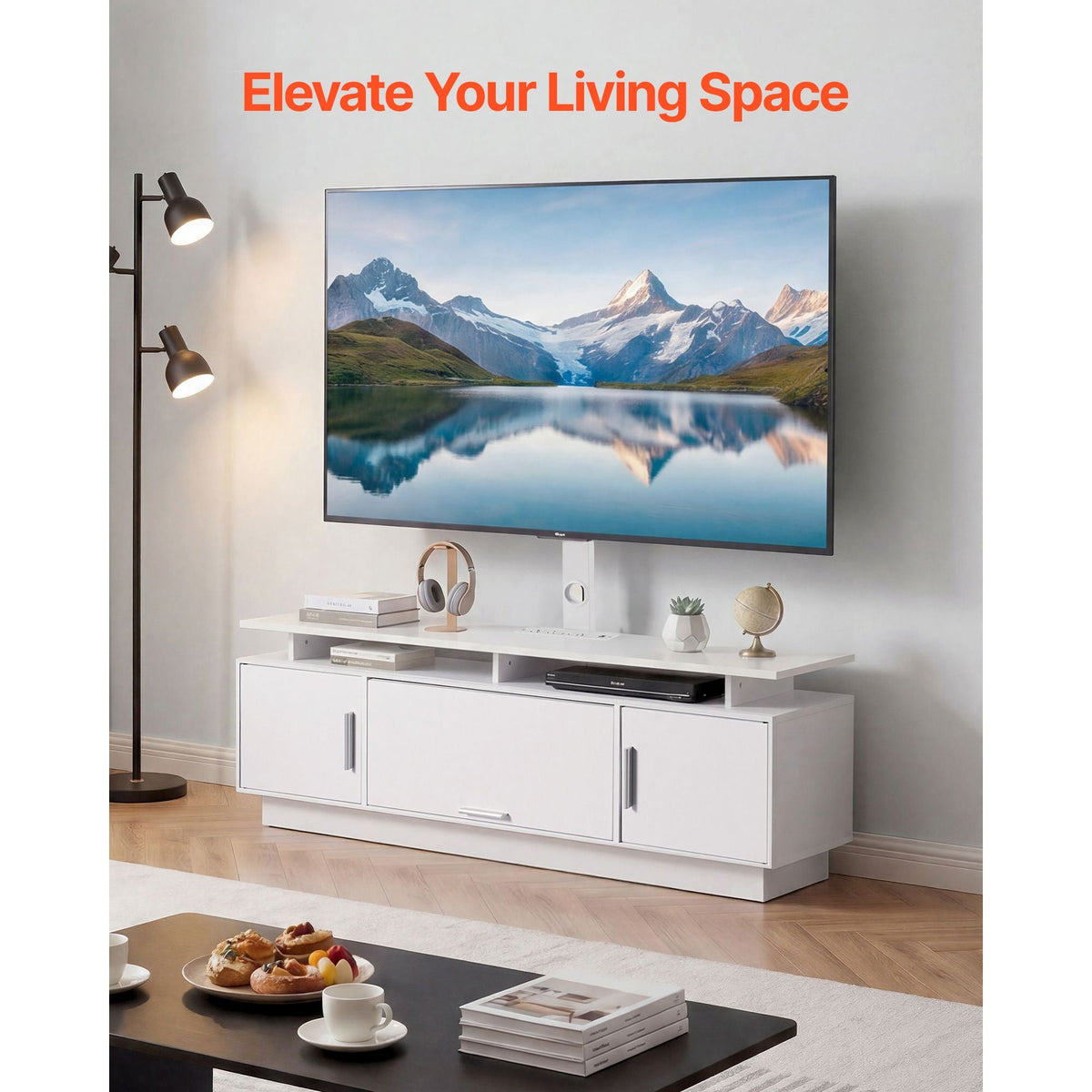 TV Stand with Mount, 59.1 Inch, Swivel TV Stand Console with Power Outlet, for 32-75 Inch TVs, Height Adjustable Modern Entertainment Center with Storage & LED Lights, for Living Room, White