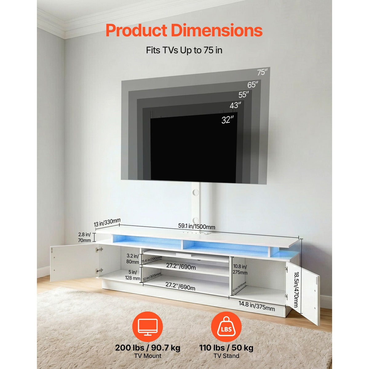TV Stand with Mount, 59.1 Inch, Swivel TV Stand Console with Power Outlet, for 32-75 Inch TVs, Height Adjustable Modern Entertainment Center with Storage & LED Lights, for Living Room, White