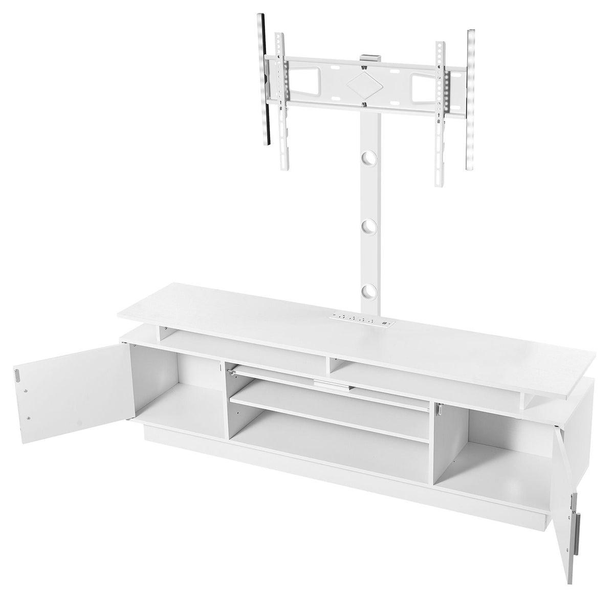 TV Stand with Mount, 59.1 Inch, Swivel TV Stand Console with Power Outlet, for 32-75 Inch TVs, Height Adjustable Modern Entertainment Center with Storage & LED Lights, for Living Room, White