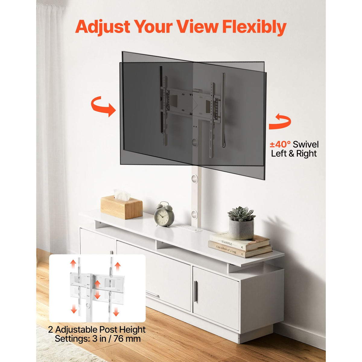 TV Stand with Mount, 59.1 Inch, Swivel TV Stand Console with Power Outlet, for 32-75 Inch TVs, Height Adjustable Modern Entertainment Center with Storage & LED Lights, for Living Room, White
