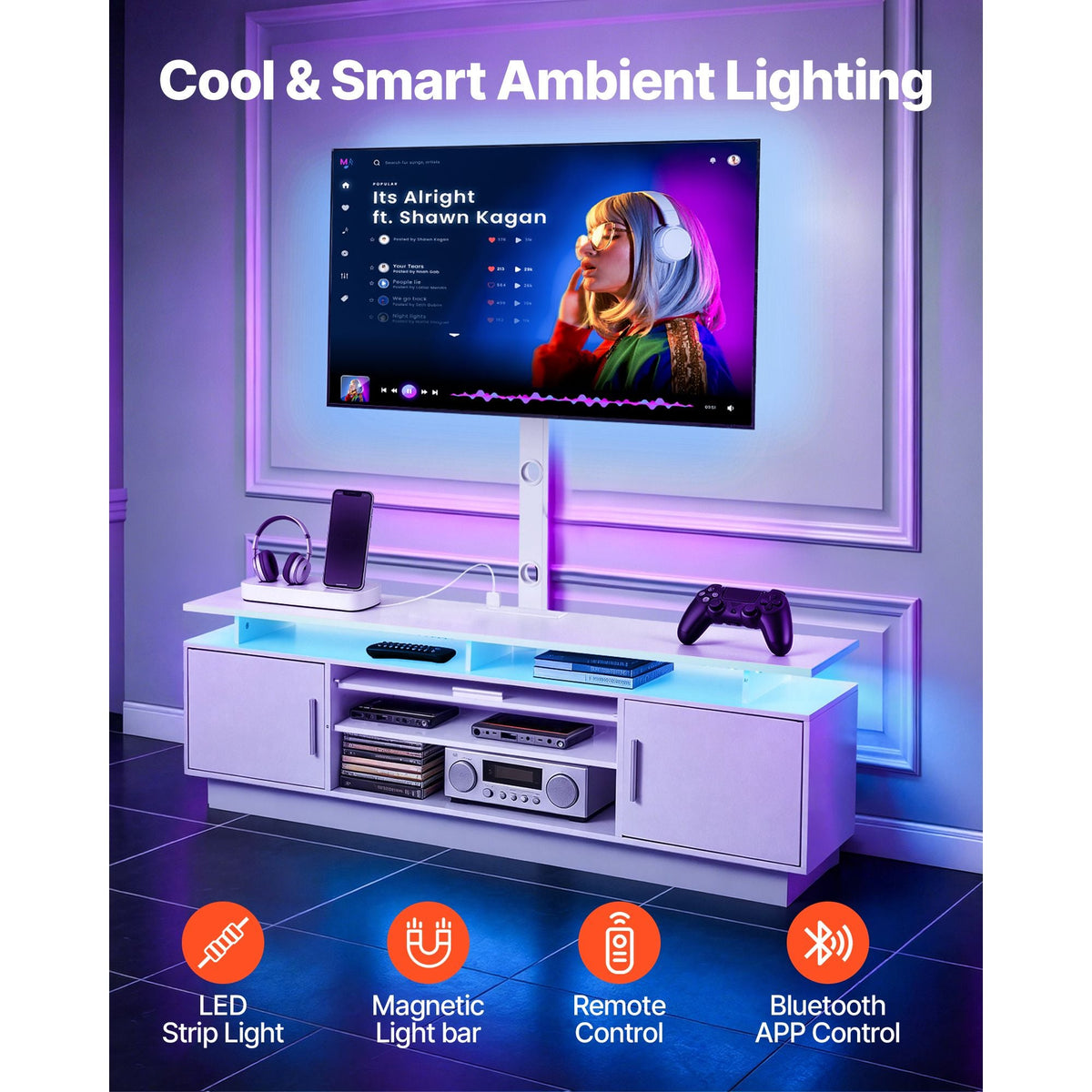TV Stand with Mount, 59.1 Inch, Swivel TV Stand Console with Power Outlet, for 32-75 Inch TVs, Height Adjustable Modern Entertainment Center with Storage & LED Lights, for Living Room, White