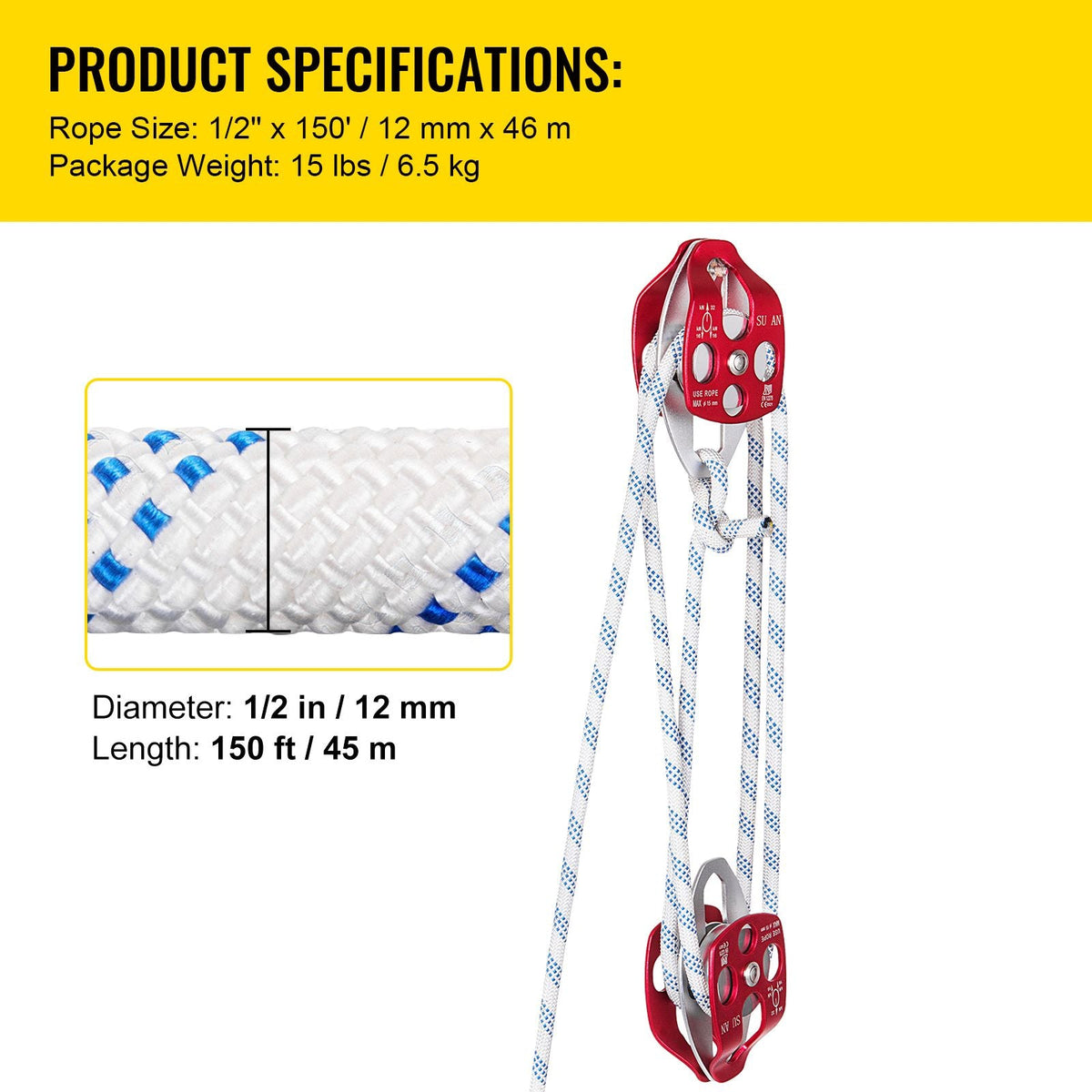 Twin Sheave Block and Tackle 7700LBS Pulley 150Ft, 1/2Inch Double Braid Rope