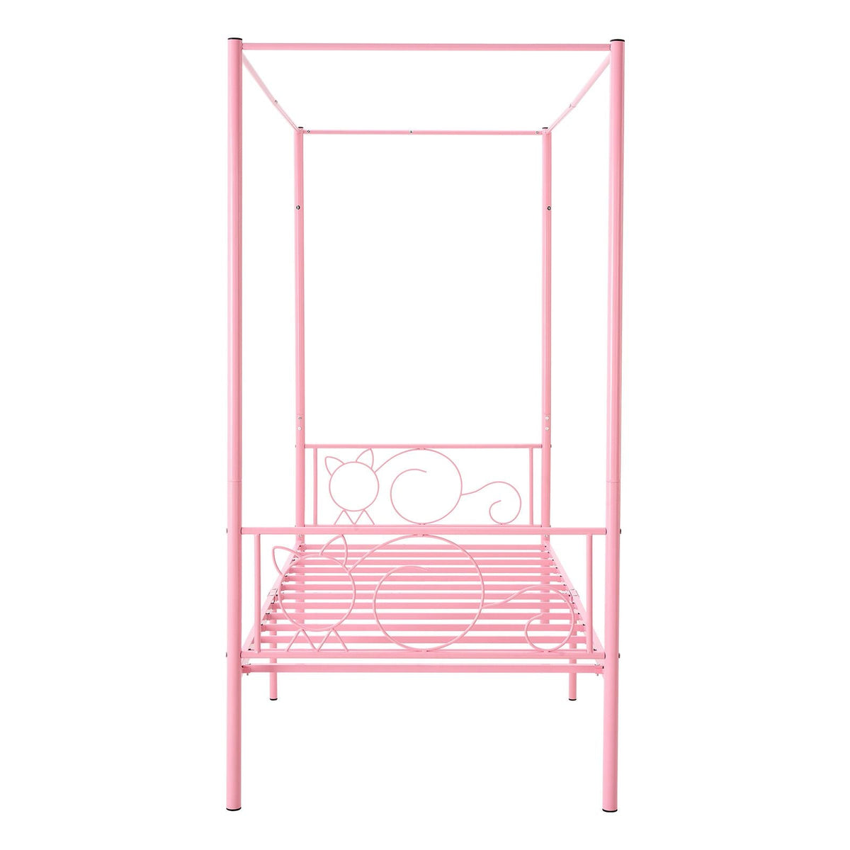 Twin Size Canopy Bed Frame, Metal Canopy Bed with Minimalist Headboard & Four Posters Design, Heavy Duty Steel Slats Support, Underbed Storage Space, No Box Spring Needed, Easy Assembly, Pink