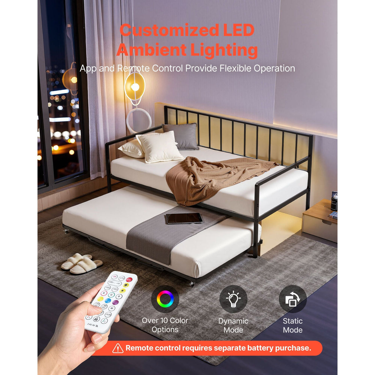 Twin Size Daybed Frame, Height Adjustable Day Bed with Trundle, Heavy Duty Metal Platform Bed Frame with LED Light and Charging Station, Twin Daybed with Metal Slats for Living Room, Bedroom