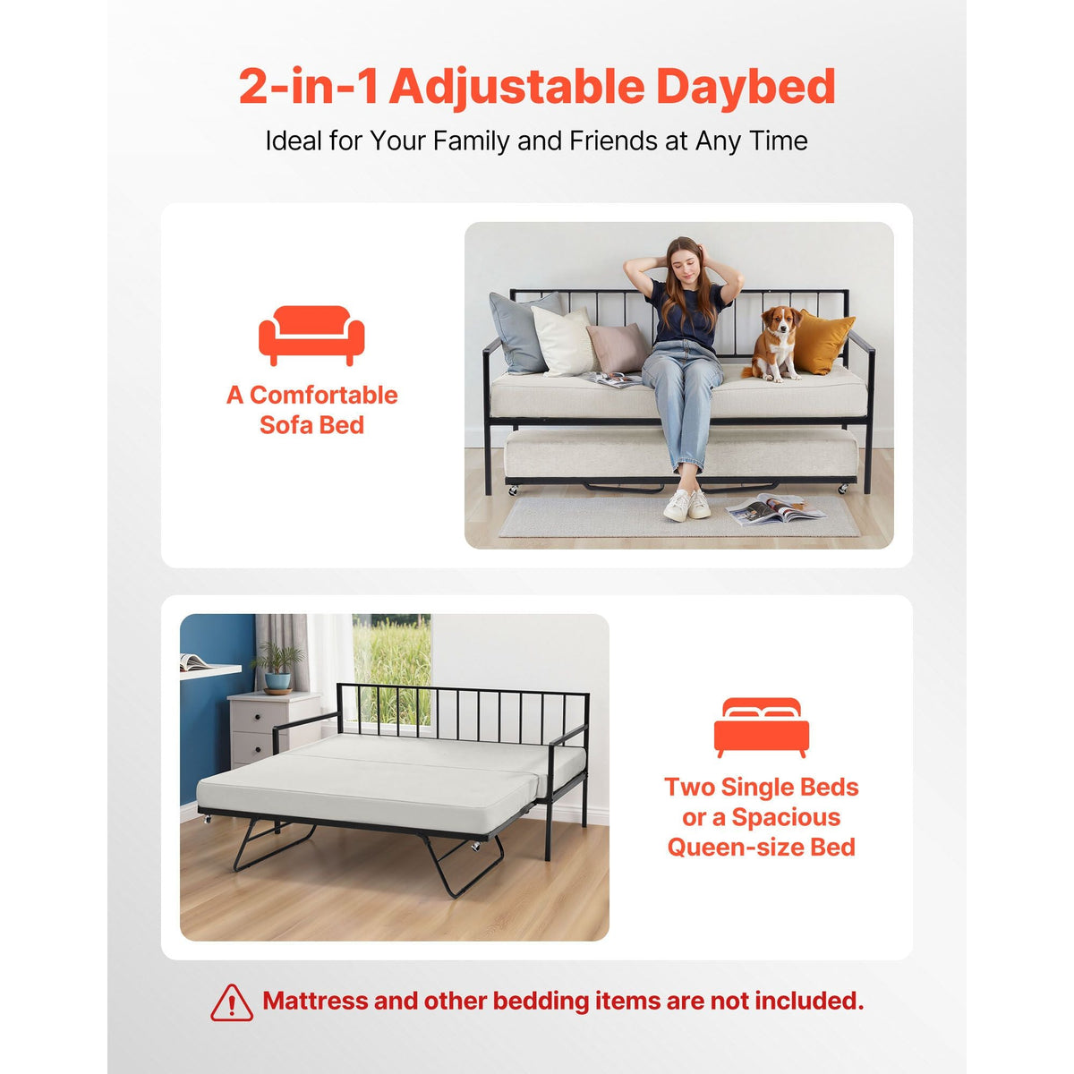 Twin Size Daybed Frame, Height Adjustable Day Bed with Trundle, Heavy Duty Metal Platform Bed Frame with LED Light and Charging Station, Twin Daybed with Metal Slats for Living Room, Bedroom