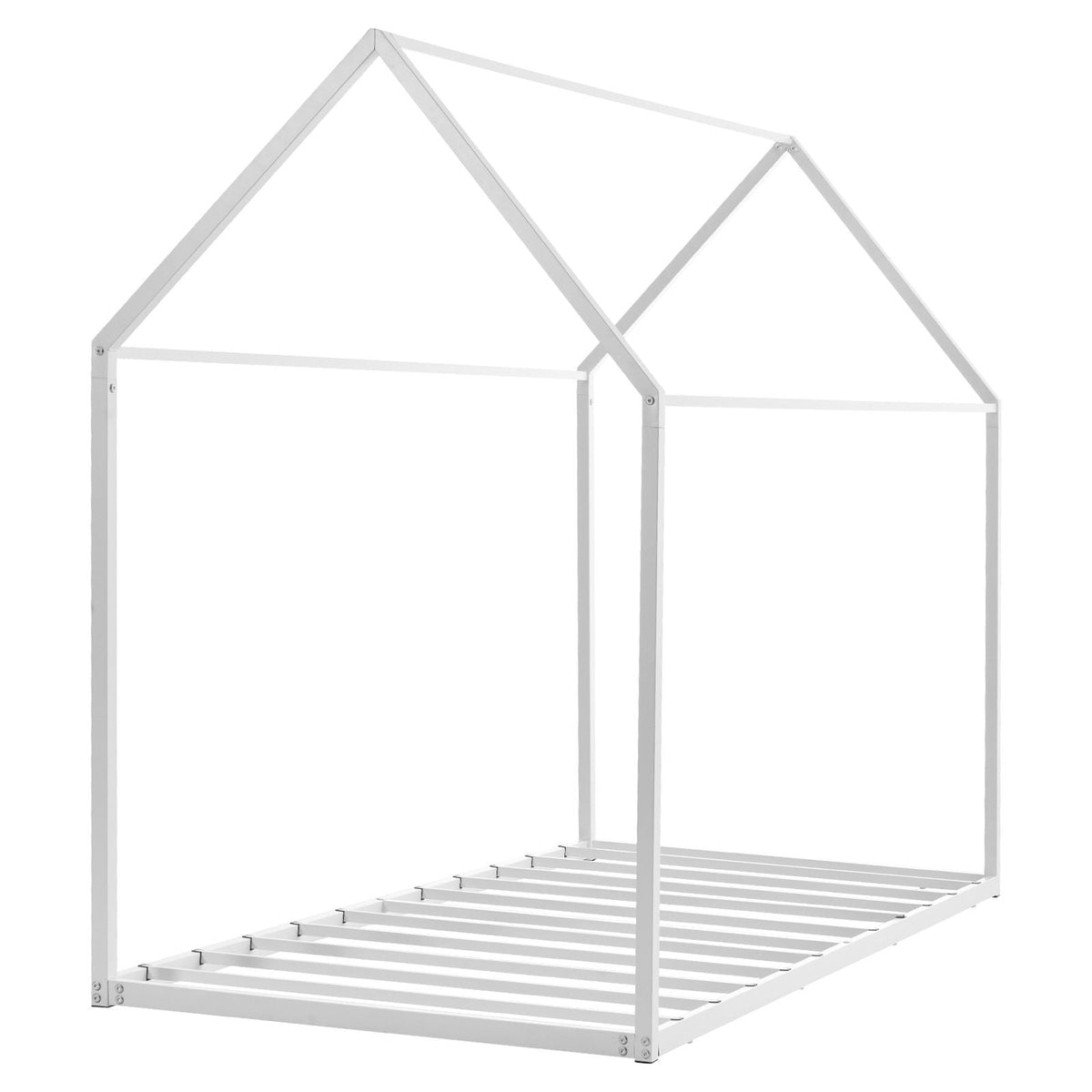Twin Size House Bed Frame, Metal Kids Floor Bed Frame with Roof, Heavy Duty Steel Slats Support, House Shape Bedframe for Girls and Boys, No Box Spring Needed, Easy Assembly, White