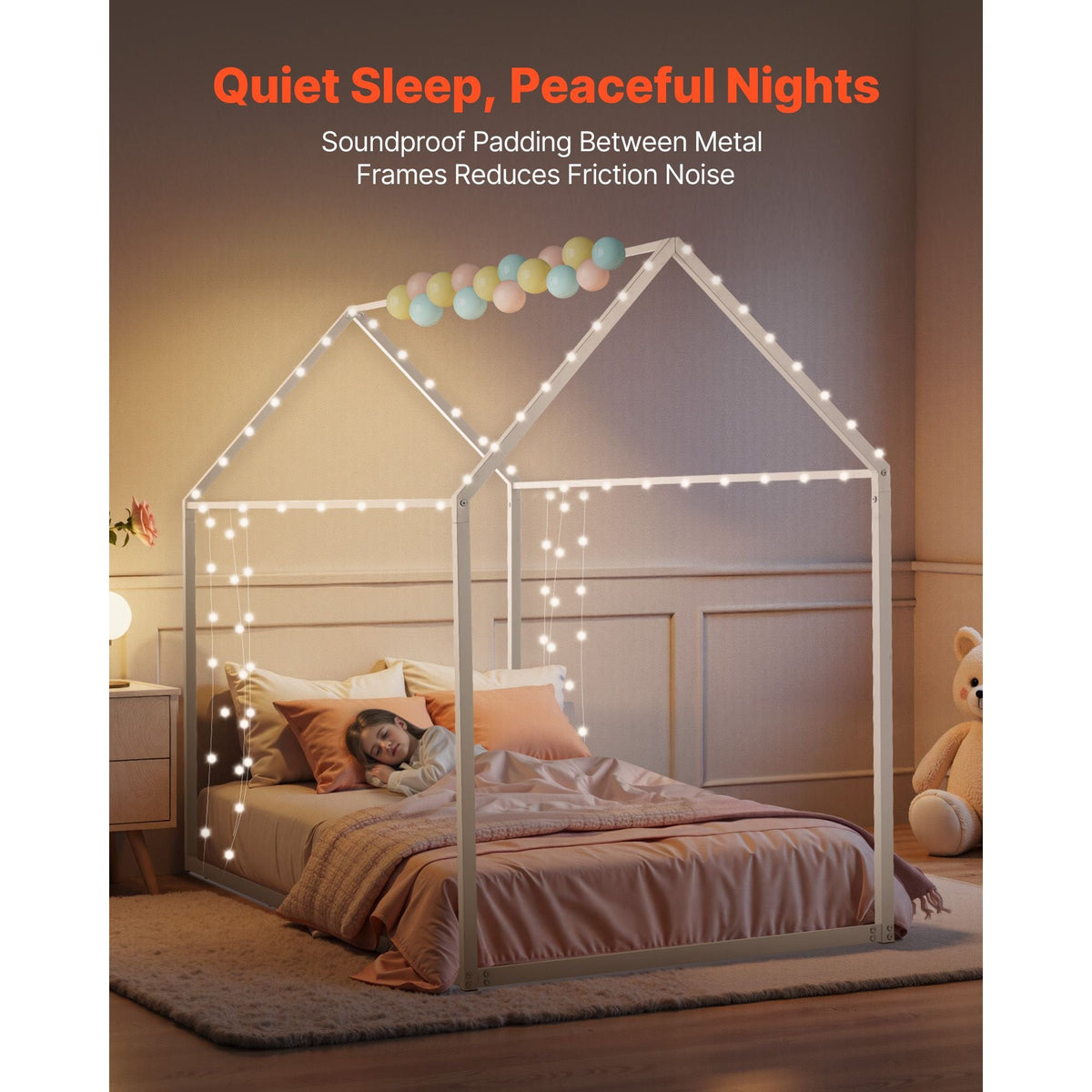 Twin Size House Bed Frame, Metal Kids Floor Bed Frame with Roof, Heavy Duty Steel Slats Support, House Shape Bedframe for Girls and Boys, No Box Spring Needed, Easy Assembly, White