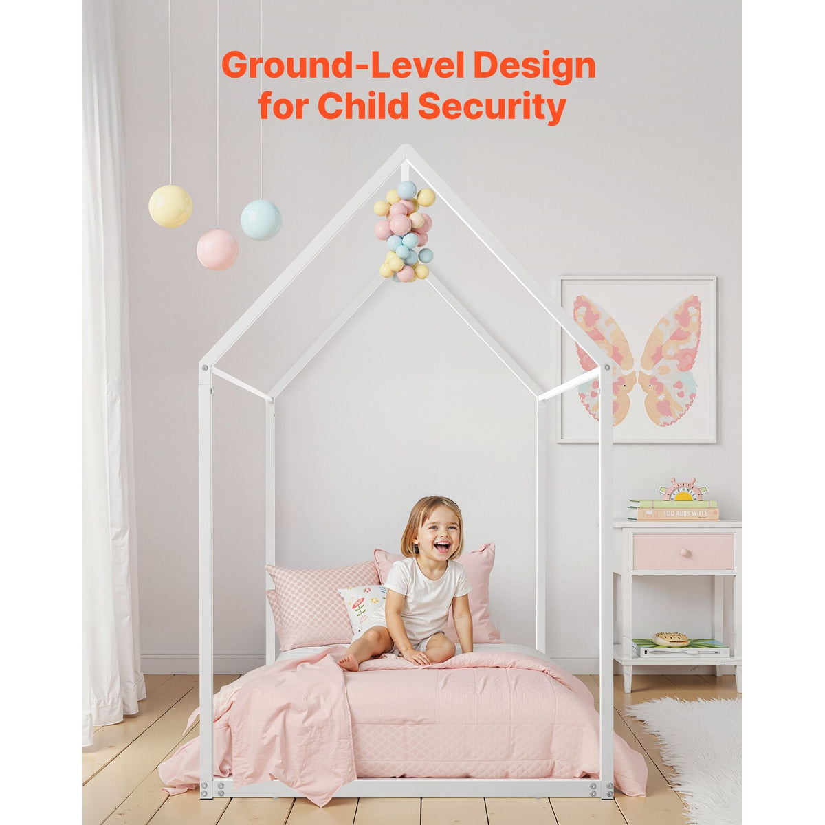Twin Size House Bed Frame, Metal Kids Floor Bed Frame with Roof, Heavy Duty Steel Slats Support, House Shape Bedframe for Girls and Boys, No Box Spring Needed, Easy Assembly, White