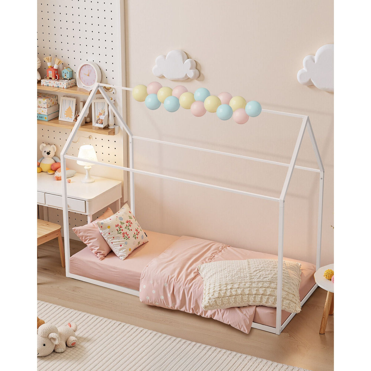 Twin Size House Bed Frame, Metal Kids Floor Bed Frame with Roof, Heavy Duty Steel Slats Support, House Shape Bedframe for Girls and Boys, No Box Spring Needed, Easy Assembly, White