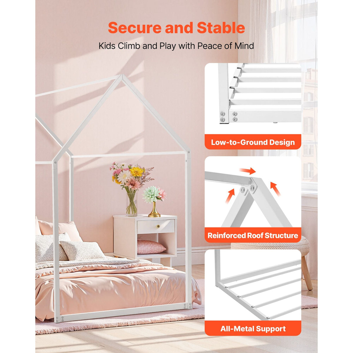 Twin Size House Bed Frame, Metal Kids Floor Bed Frame with Roof, Heavy Duty Steel Slats Support, House Shape Bedframe for Girls and Boys, No Box Spring Needed, Easy Assembly, White