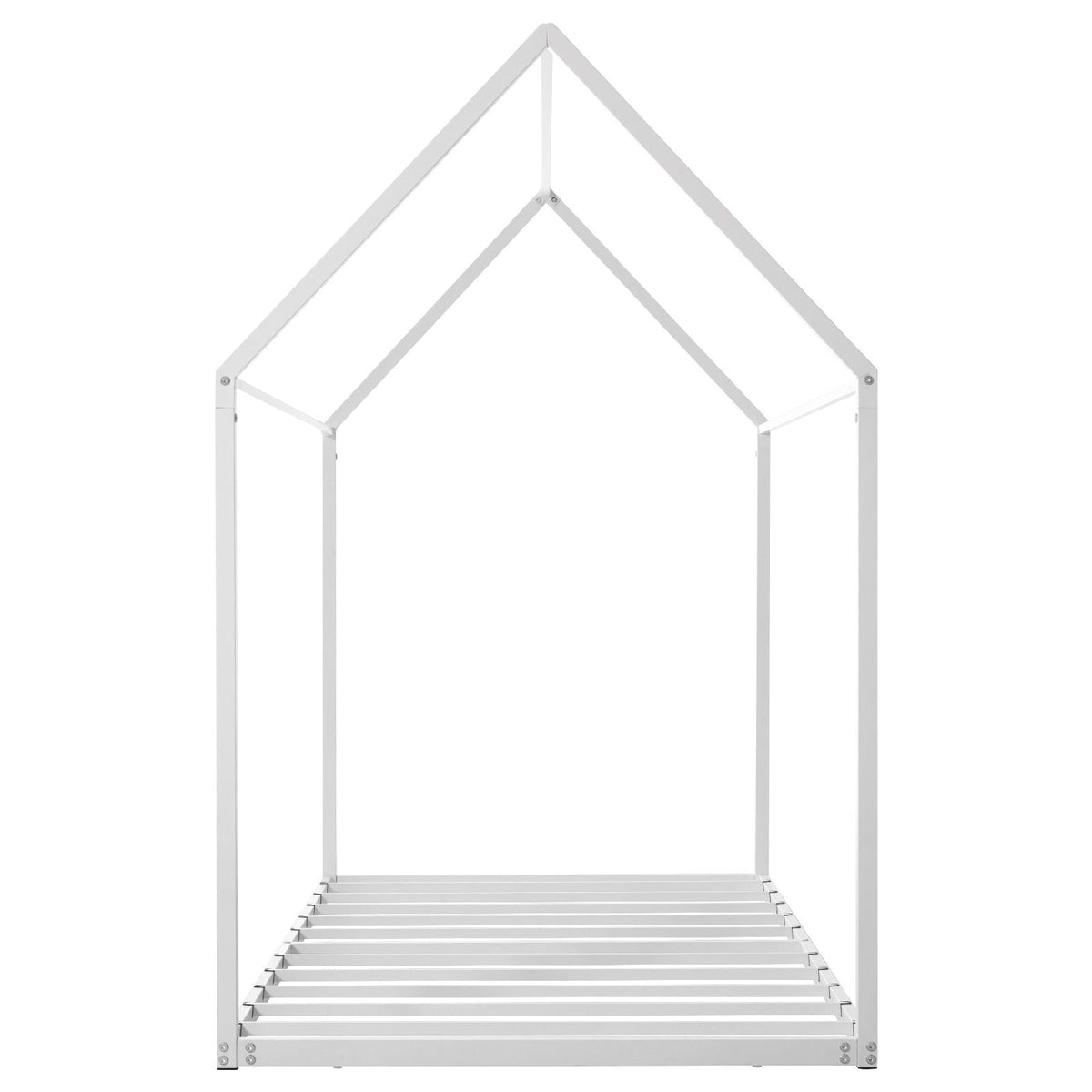 Twin Size House Bed Frame, Metal Kids Floor Bed Frame with Roof, Heavy Duty Steel Slats Support, House Shape Bedframe for Girls and Boys, No Box Spring Needed, Easy Assembly, White