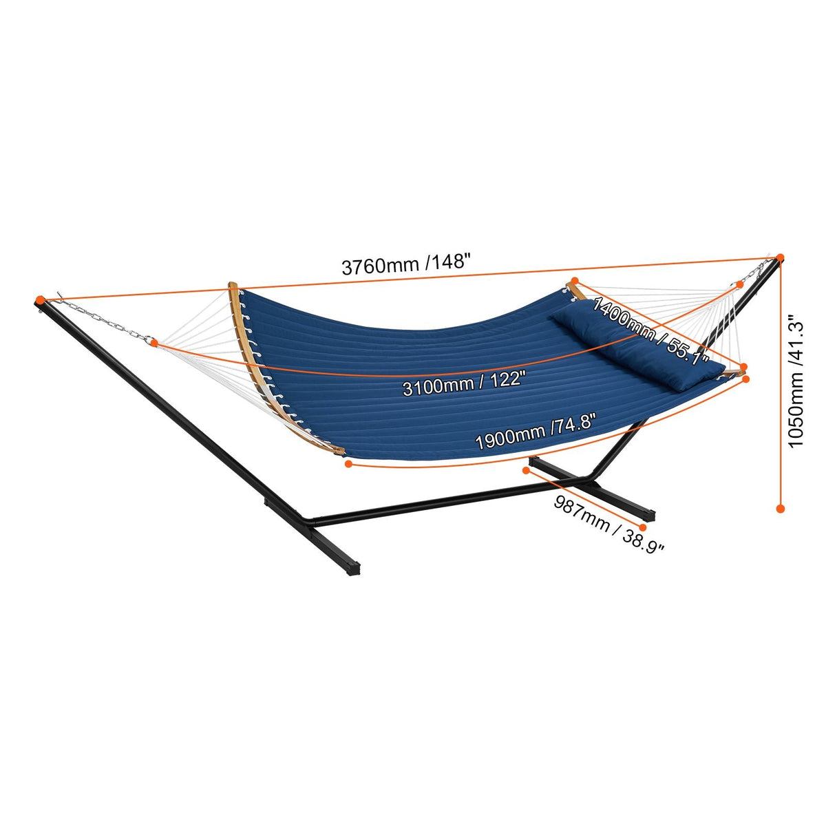 Two Person Hammock with Stand Included, Double Hammock with Curved Spreader Bar and Detachable Pillow and Portable Carrying Bag, Perfect for Outdoor Freestanding Hammock, 480lb Capacity