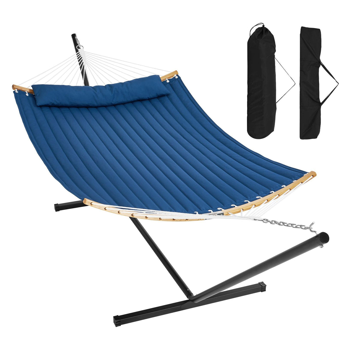 Two Person Hammock with Stand Included, Double Hammock with Curved Spreader Bar and Detachable Pillow and Portable Carrying Bag, Perfect for Outdoor Freestanding Hammock, 480lb Capacity