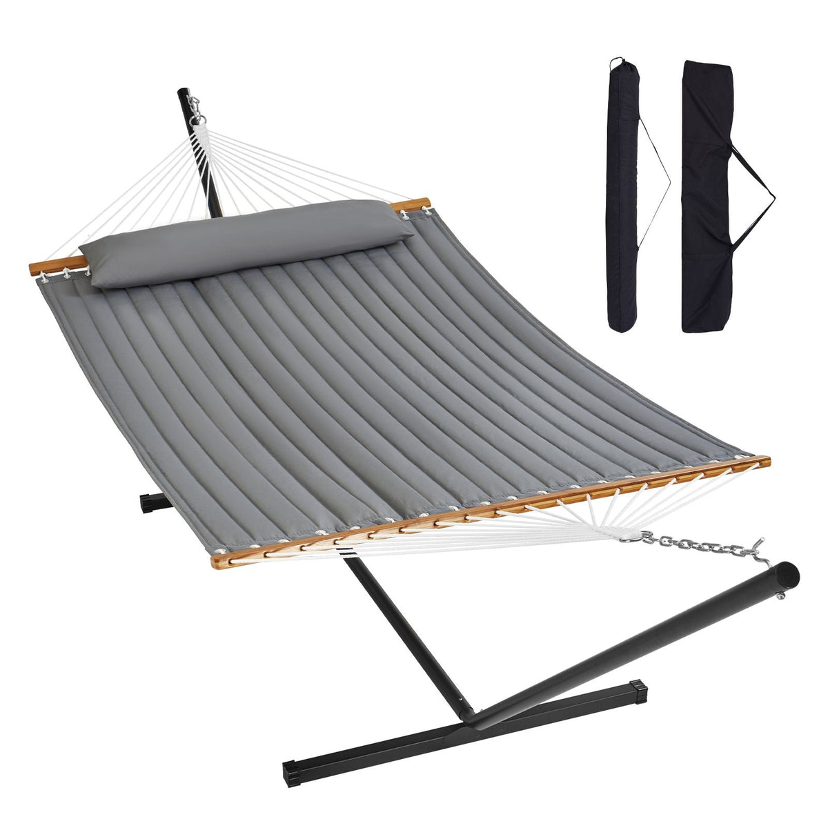 Two Person Hammock with Stand Included Heavy Duty 480lb Capacity, Double Hammock with 12 FT Steel Stand and Portable Carrying Bag and Pillow, Freestanding Hammock for Outdoor Patio Yard Beach